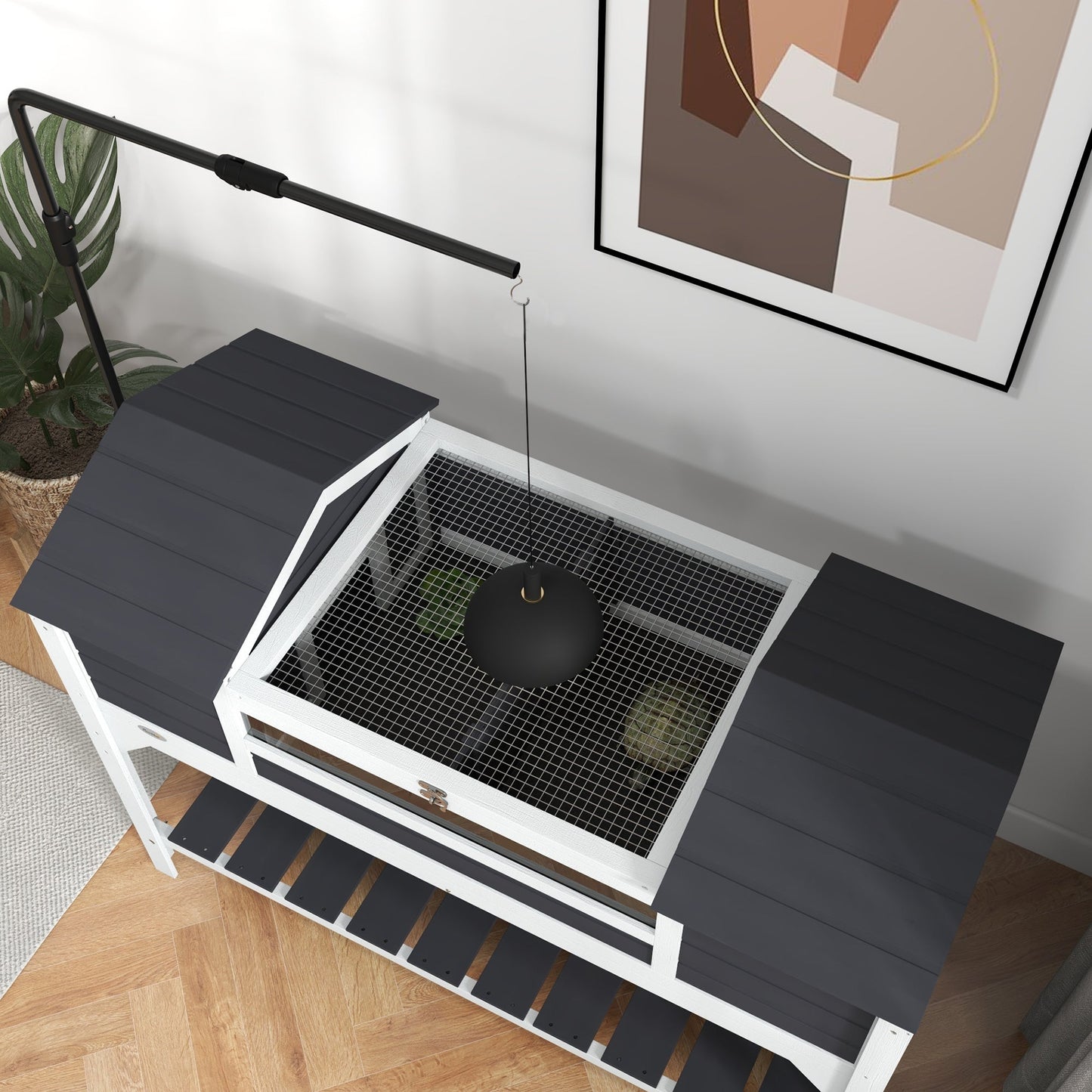 Tortoise House, Wooden Tortoise Enclosure with Adjustable Lamp Holder, Tortoise Table with Openable Lid, Dual Main Houses, Storage Shelf, Basking Area, Fixed Tray - Grey