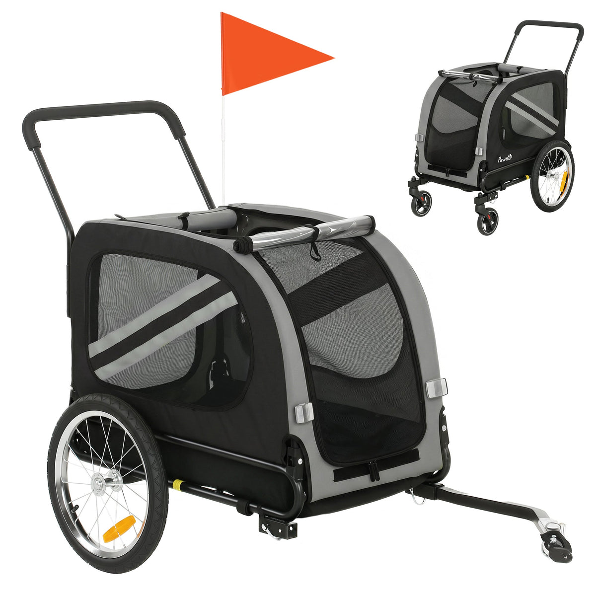 Dog Bike Trailer, 2 in 1 Foldable Pet Stroller Security Harness, Reflectors, Quick Release Wheels, Flag, for Medium Dogs, Grey