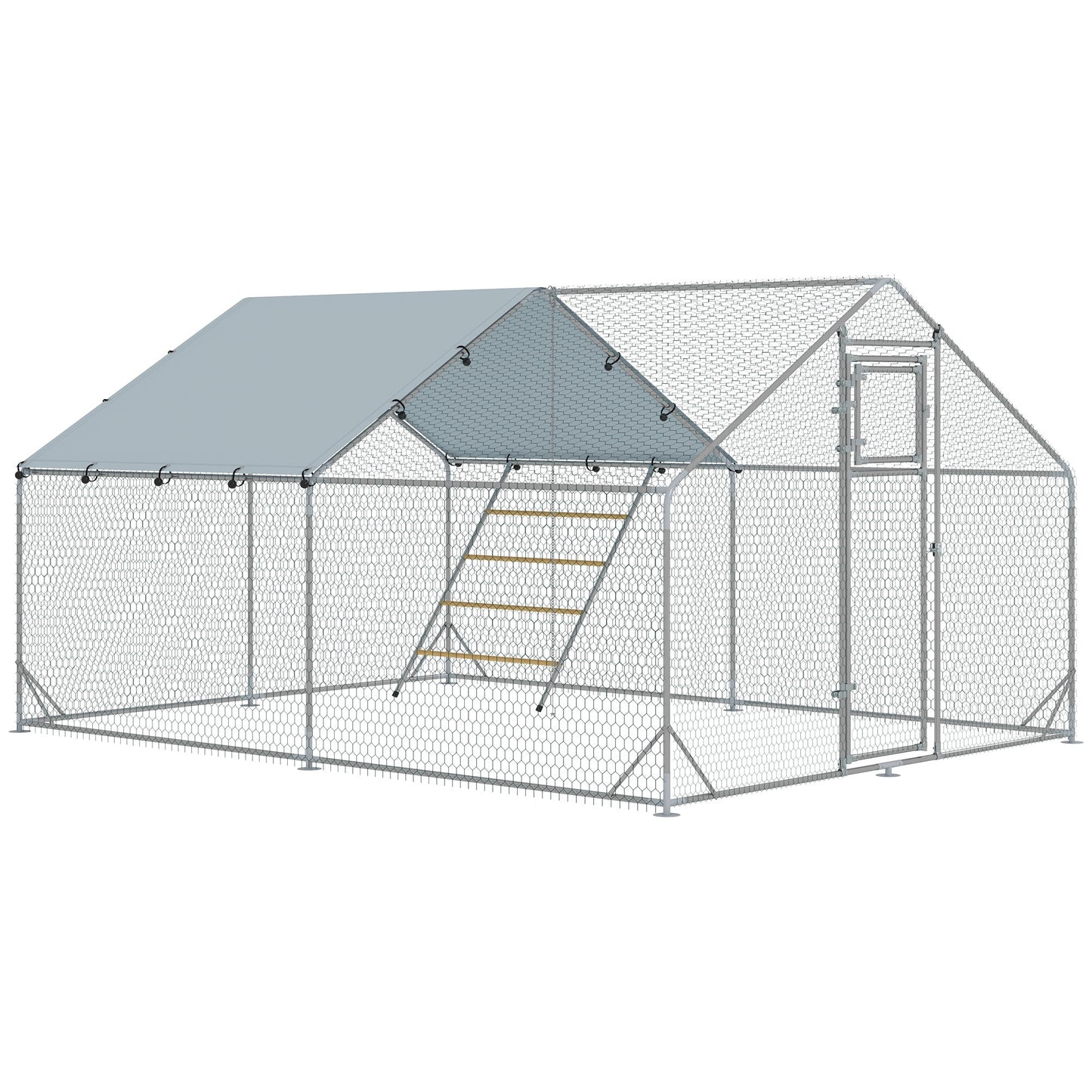 Walk-in Chicken Run, Galvanised Chicken Coop with Water-Resistant and UV-Resistant Cover, Feeding Door, Hanging Feeder, Perch, Hen Poultry House, for 12-18 Chickens, Ducks, Rabbits, Geese