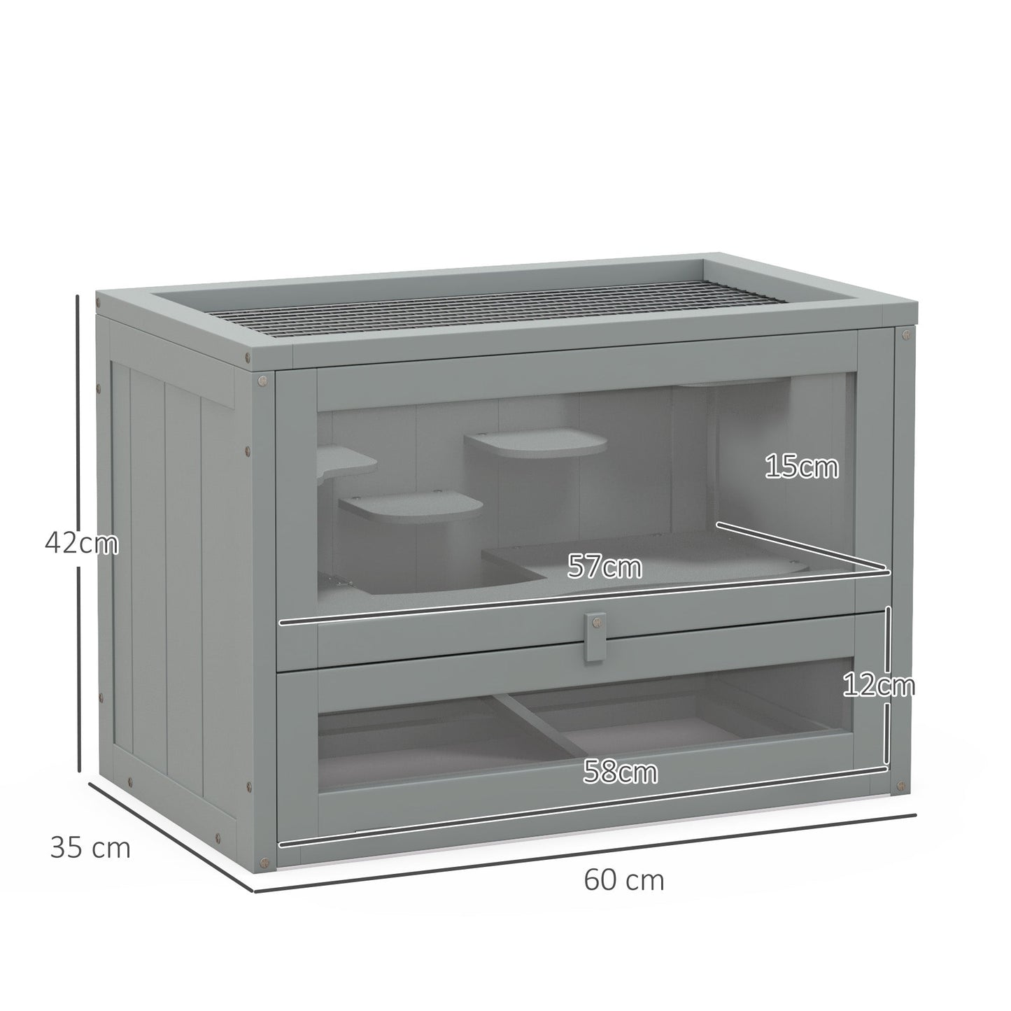 Wooden Hamster Cage Mouse Mice Rodent Small Animals Hutch Exercise Play House 60 x 35 x 42cm, Grey