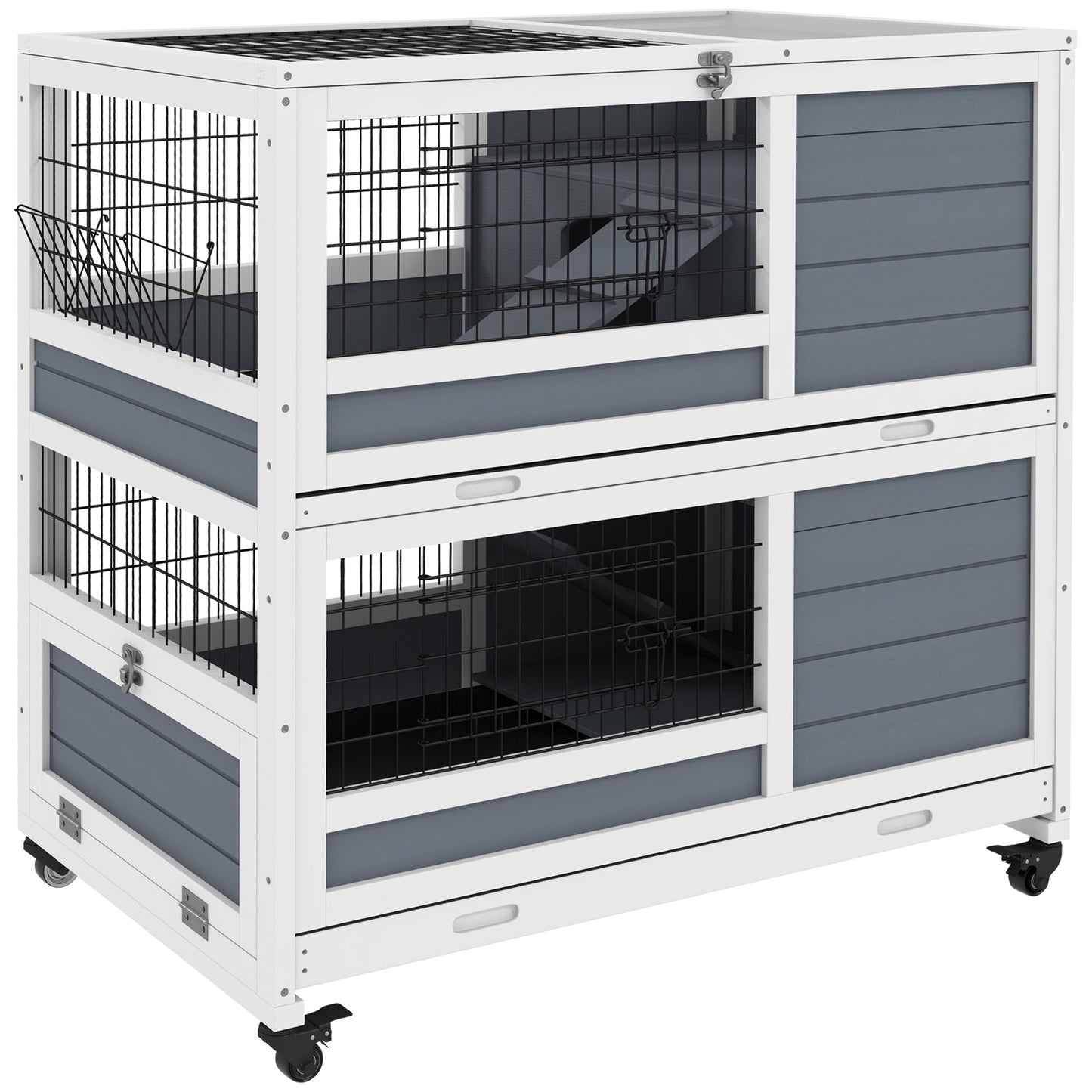 Rabbit Hutch Guinea Pig Hutch Indoor Wooden Small Animal House with Wheels, Openable Top, No-Leak Plastic Trays - Grey