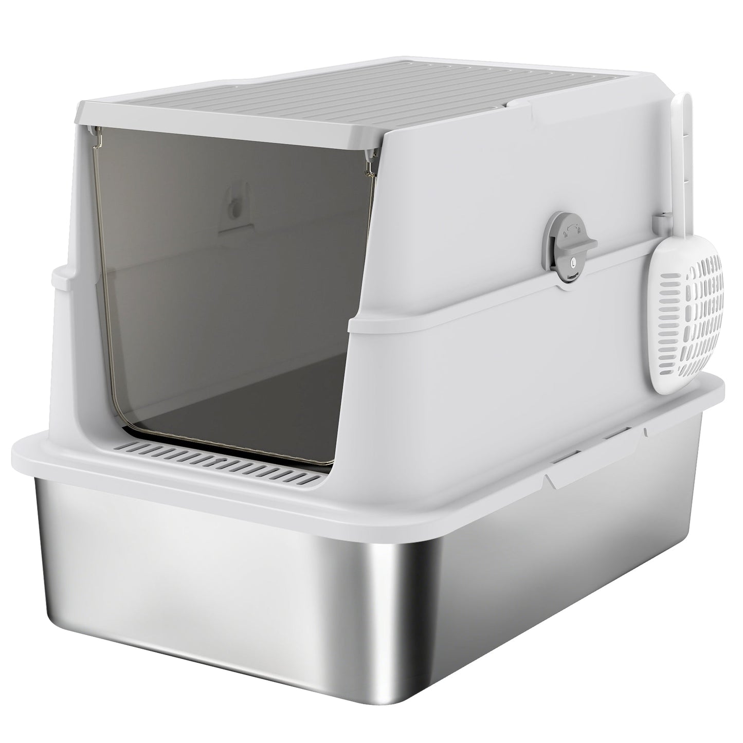 Stainless Steel Cat Litter Tray, Extra Large Enclosed Litter Box for Large Cats with Scoop, Flip Top, Easy Cleaning, Light Grey