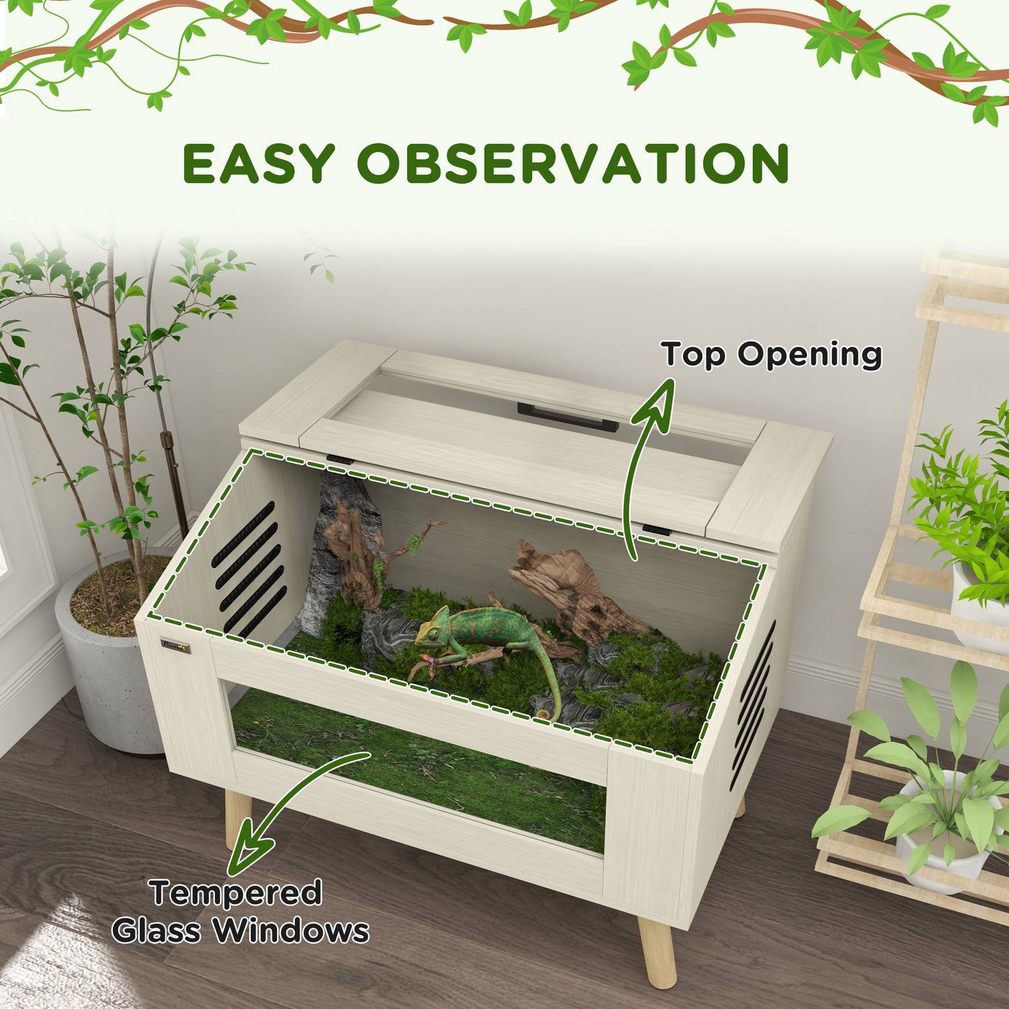 111L Reptile Vivarium Terrarium with Tempered Glass Windows, Openable Top for Snake Lizards, Horned Frogs, Chameleons, Hamsters, Gerbils, 80 x 50 x 60cm