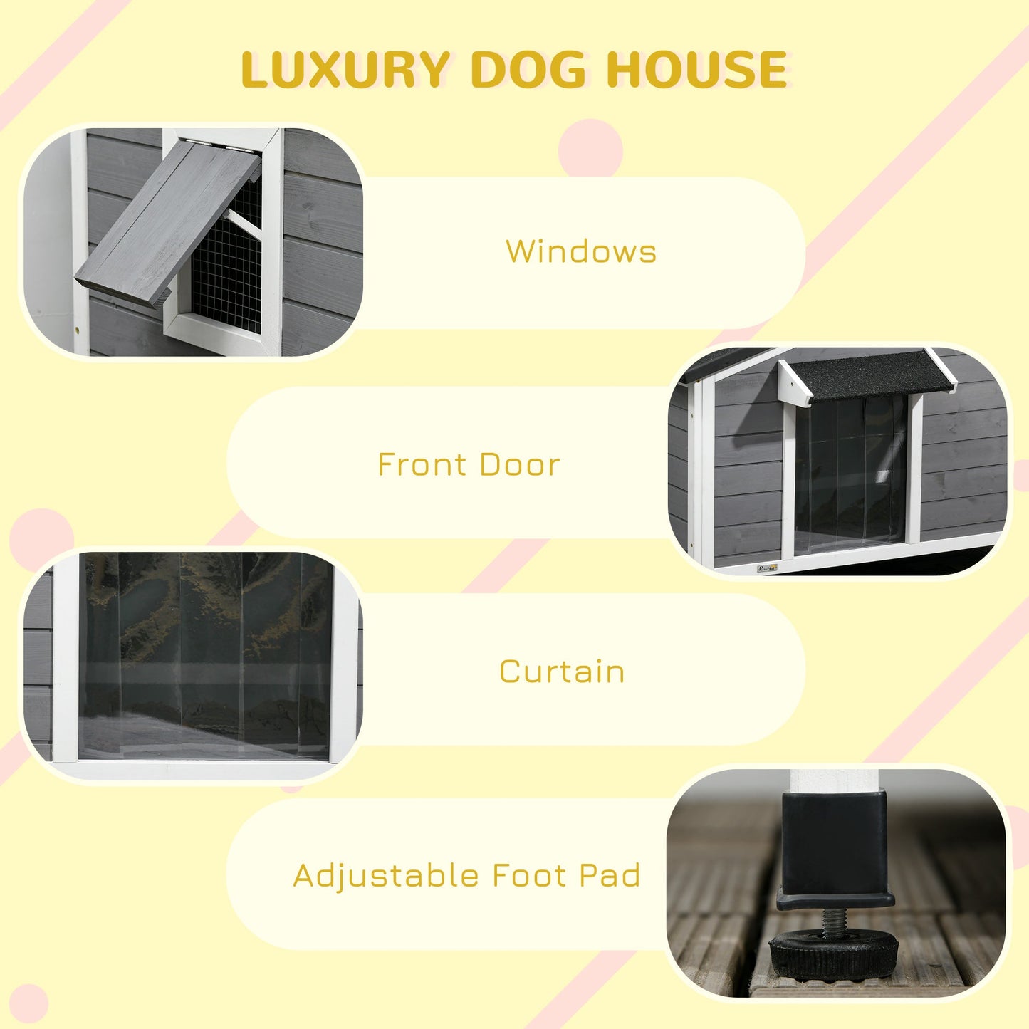 Wooden Dog Kennel Outdoor, Elevated Dog House for Outside, with Openable Top, Asphalt Roof, Windows, Curtain, Removable Tray, Adjustable Legs, 65H x 97L x 72Wcm, Grey