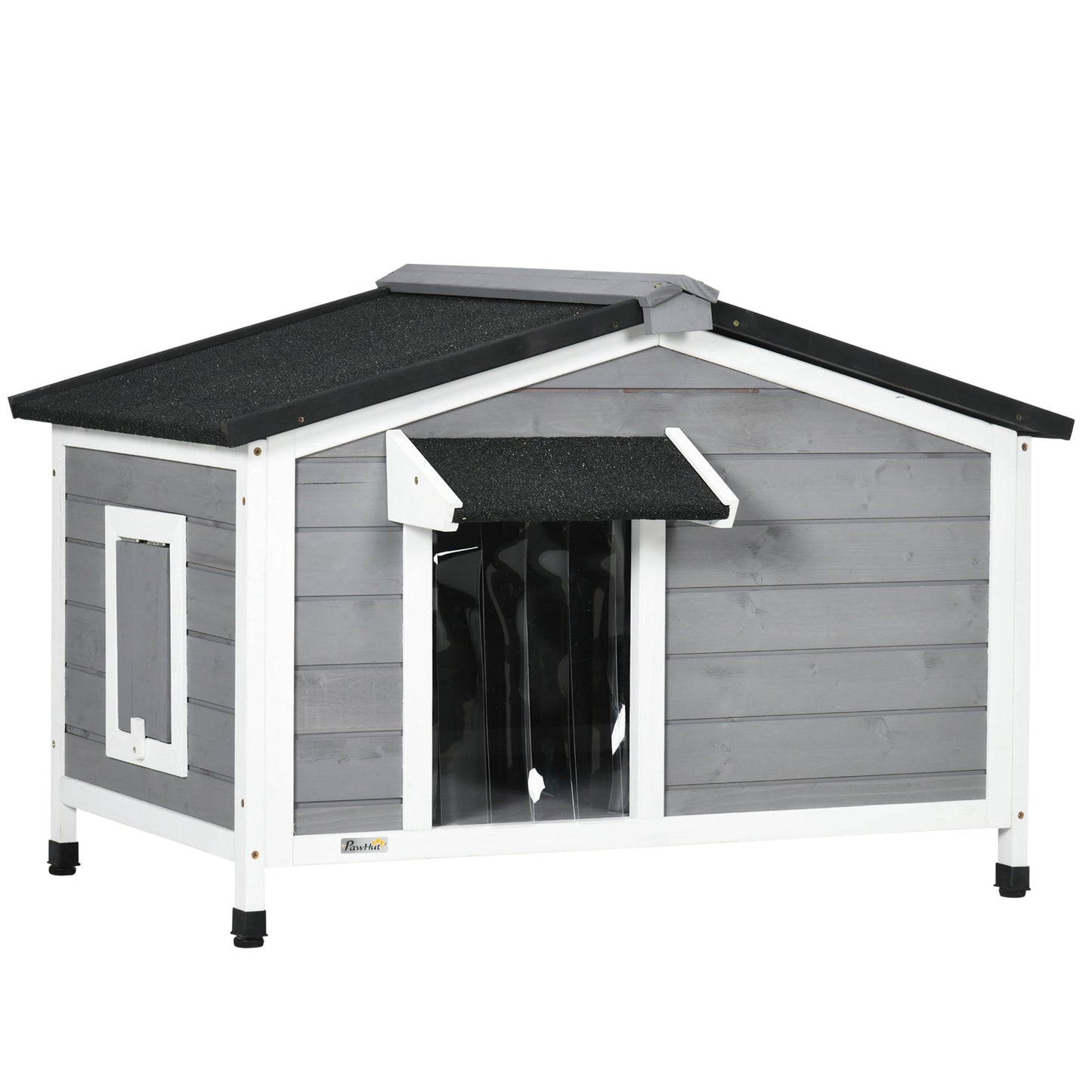 Wooden Dog Kennel Outdoor, Elevated Dog House for Outside, with Openable Top, Asphalt Roof, Windows, Curtain, Removable Tray, Adjustable Legs, 65H x 97L x 72Wcm, Grey