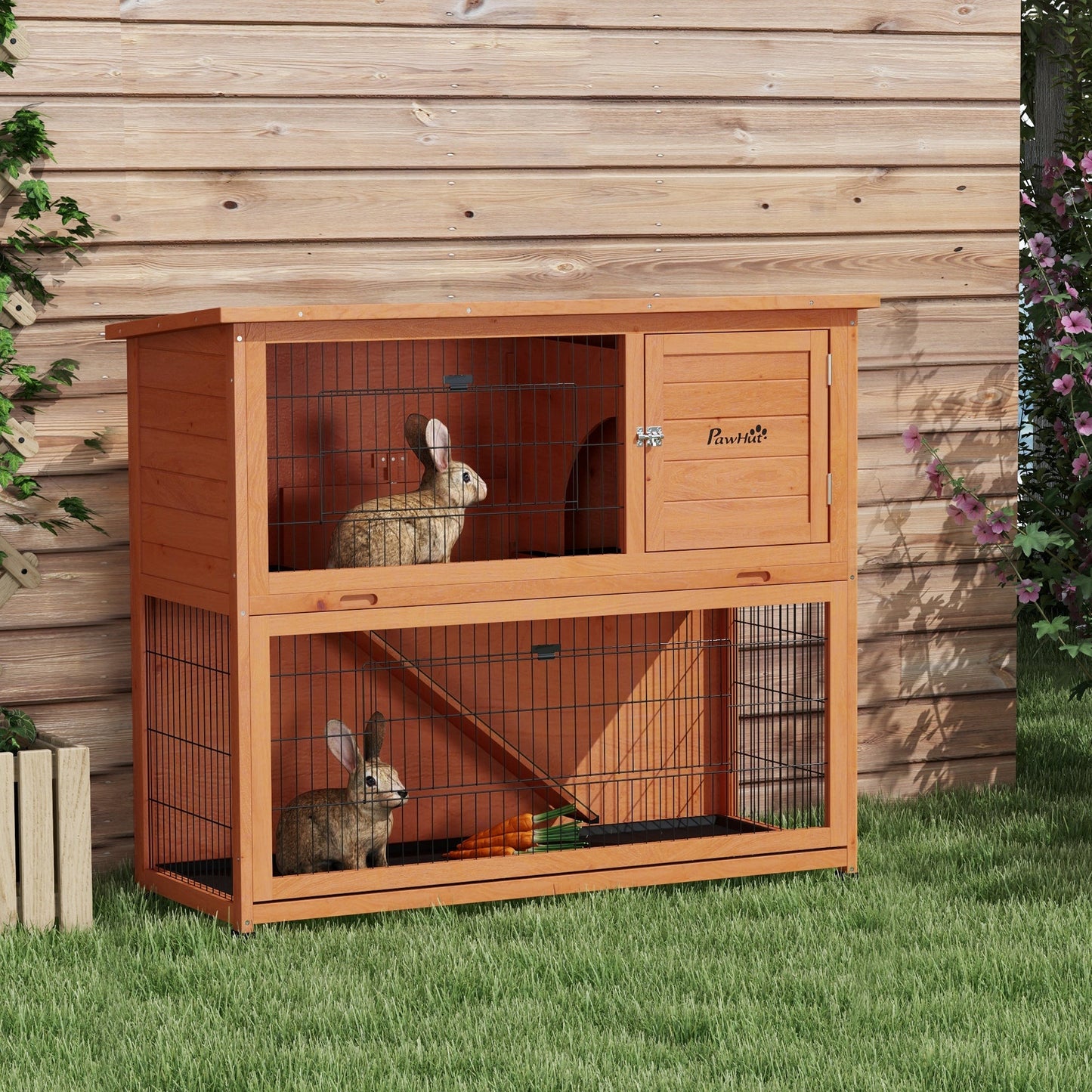 Rabbit Hutch Guinea Pig Hutch Wooden with No-Leak Tray, Asphalt Roof, Base, Antiseptic Wood Outdoor for 1-2 Rabbits 120 x 50 x 102cm - Orange