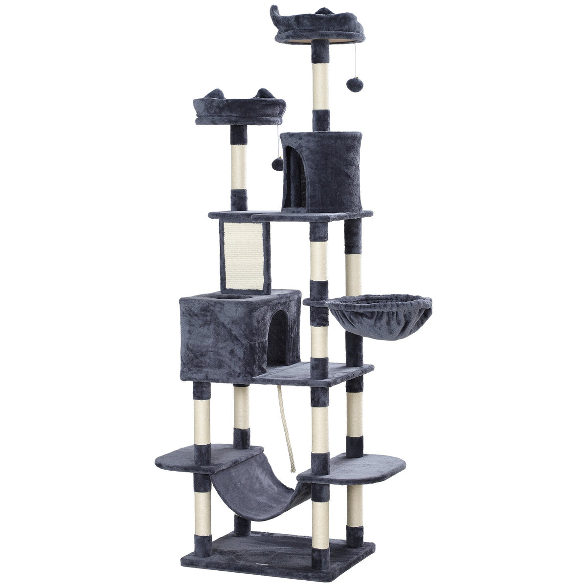 Cat Tree, 206cm Cat Tower with Sisal Scratching Posts and Board, Beds, Condos, Platforms, Hammocks, Toy Balls & Rope, Anti-Tip Kit, Kitten Activity Centre for Indoor, Dark Grey