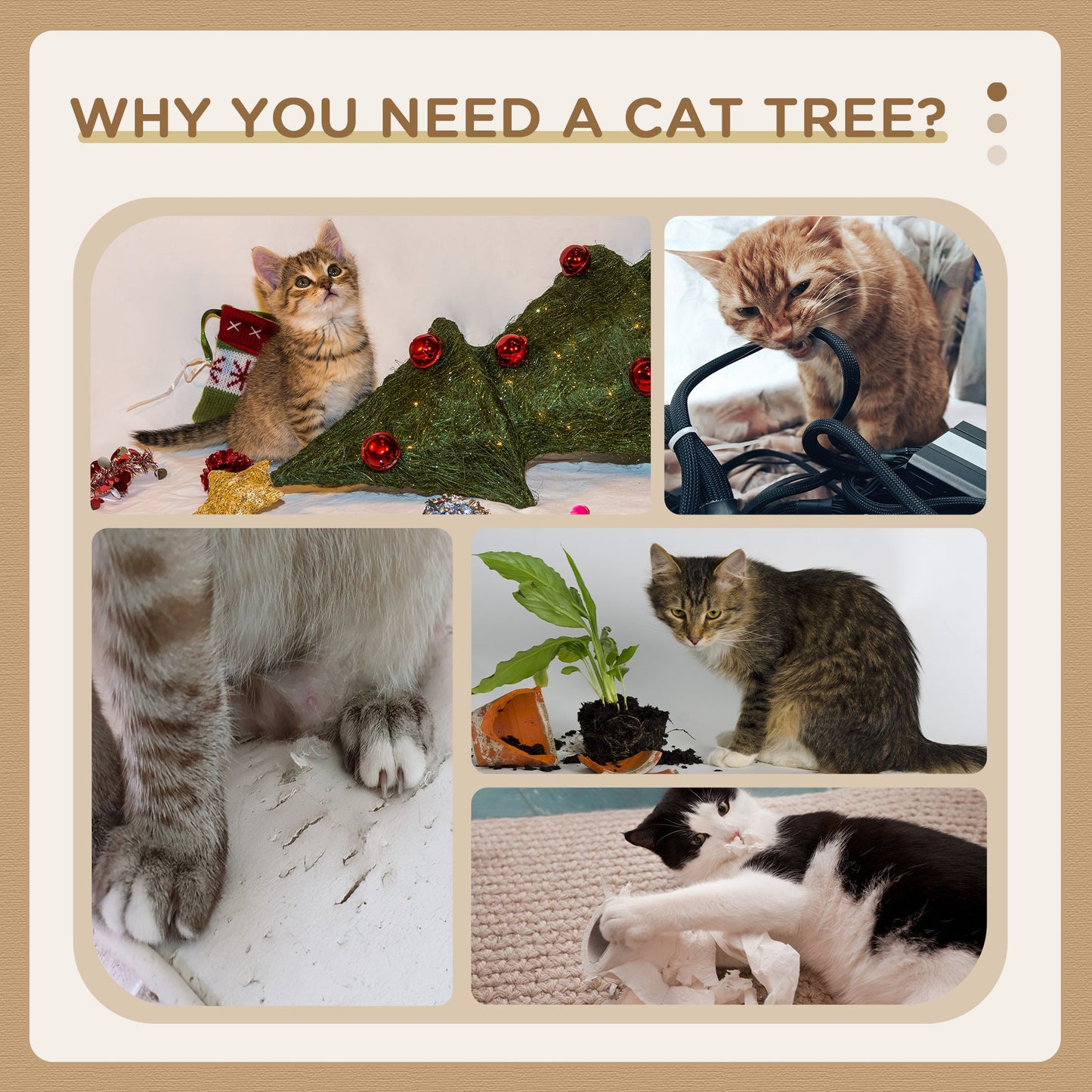Wooden Cat Tree for Indoor Cats Climbing Tower for Large Cats with 5 Scratching Posts Hammock Toy Ball 130cm