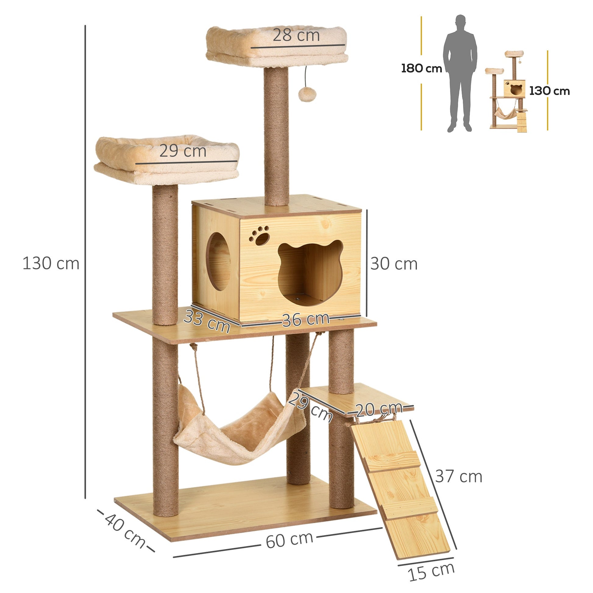 Wooden Cat Tree for Indoor Cats Climbing Tower for Large Cats with 5 Scratching Posts Hammock Toy Ball 130cm