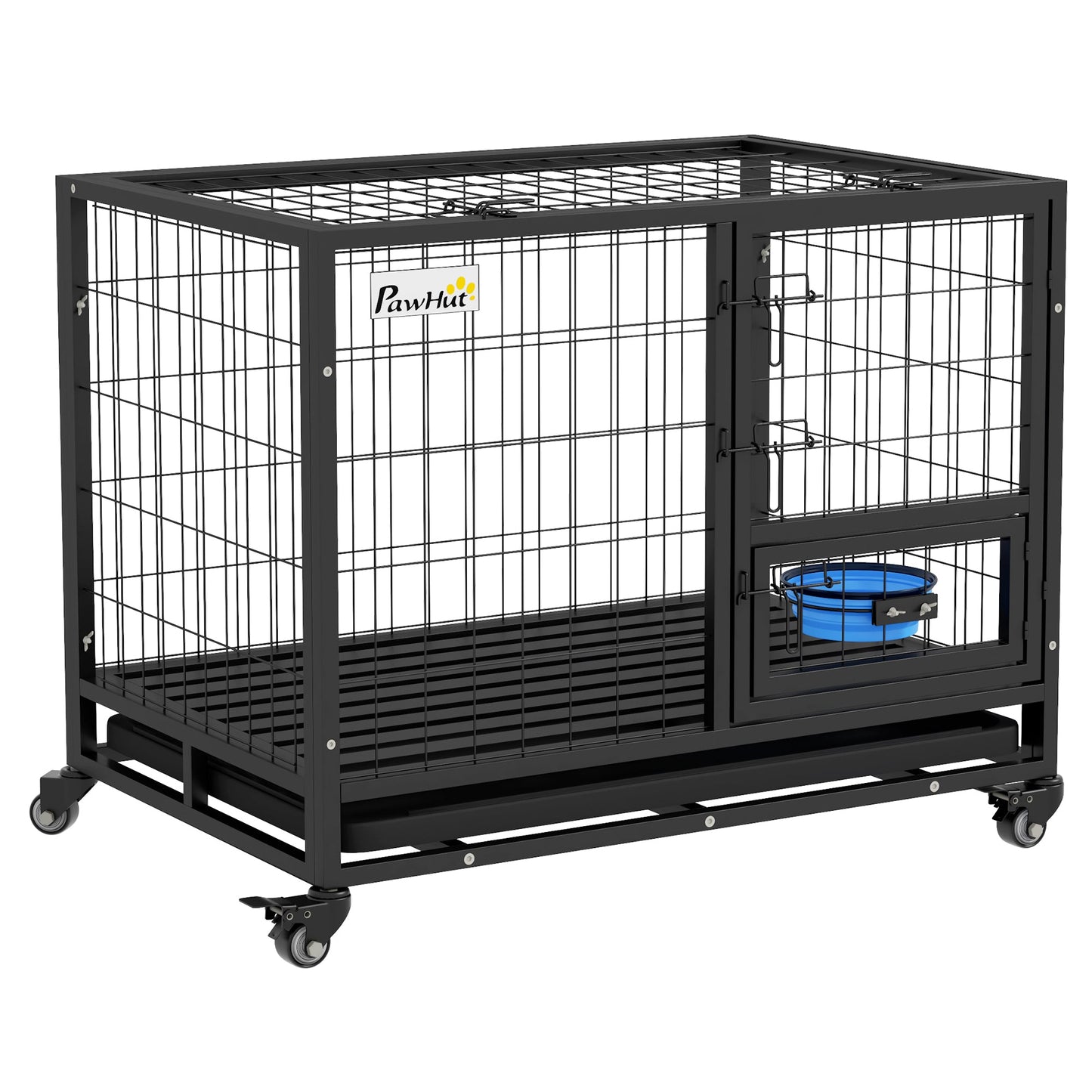 36" Heavy Duty Dog Crate with Bowl Holder, Dog Cage on Wheels with Removable Tray, Openable Top, Detachable Door, Indoor Outdoor Use, for Medium and Large Dogs - Black
