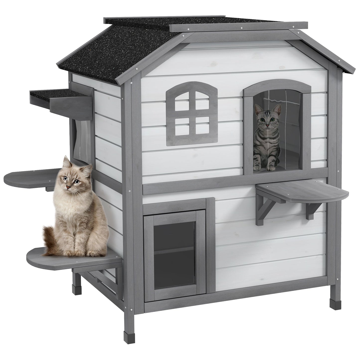 2-story Cat House Outdoor, Weatherproof Wooden Cat Enclosure for Feral Cats with Escape Door, Openable Roof, Jumping Platforms, White
