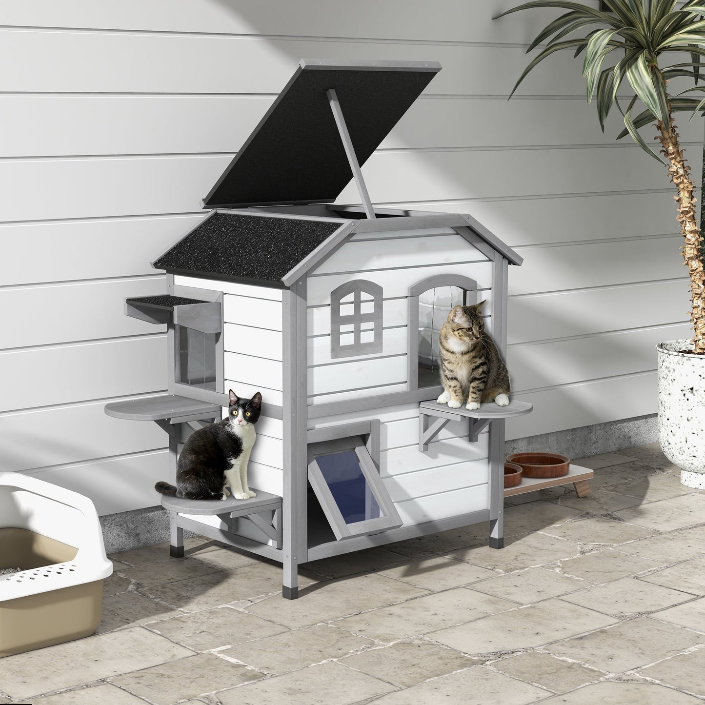 2-story Cat House Outdoor, Weatherproof Wooden Cat Enclosure for Feral Cats with Escape Door, Openable Roof, Jumping Platforms, White