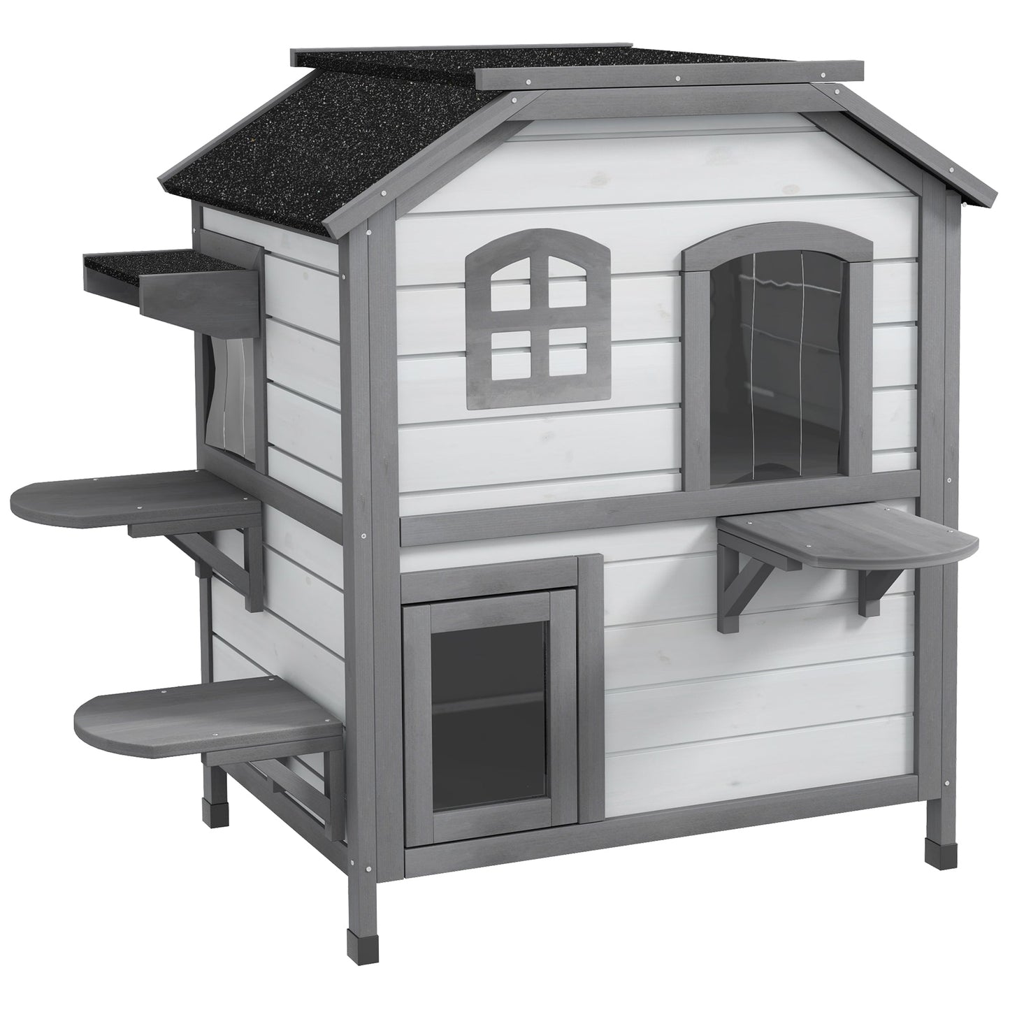 2-story Cat House Outdoor, Weatherproof Wooden Cat Enclosure for Feral Cats with Escape Door, Openable Roof, Jumping Platforms, White