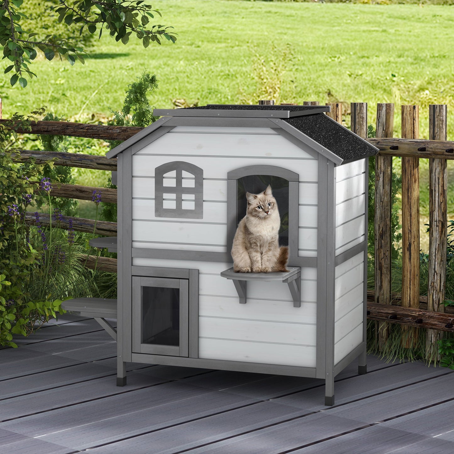 2-story Cat House Outdoor, Weatherproof Wooden Cat Enclosure for Feral Cats with Escape Door, Openable Roof, Jumping Platforms, White