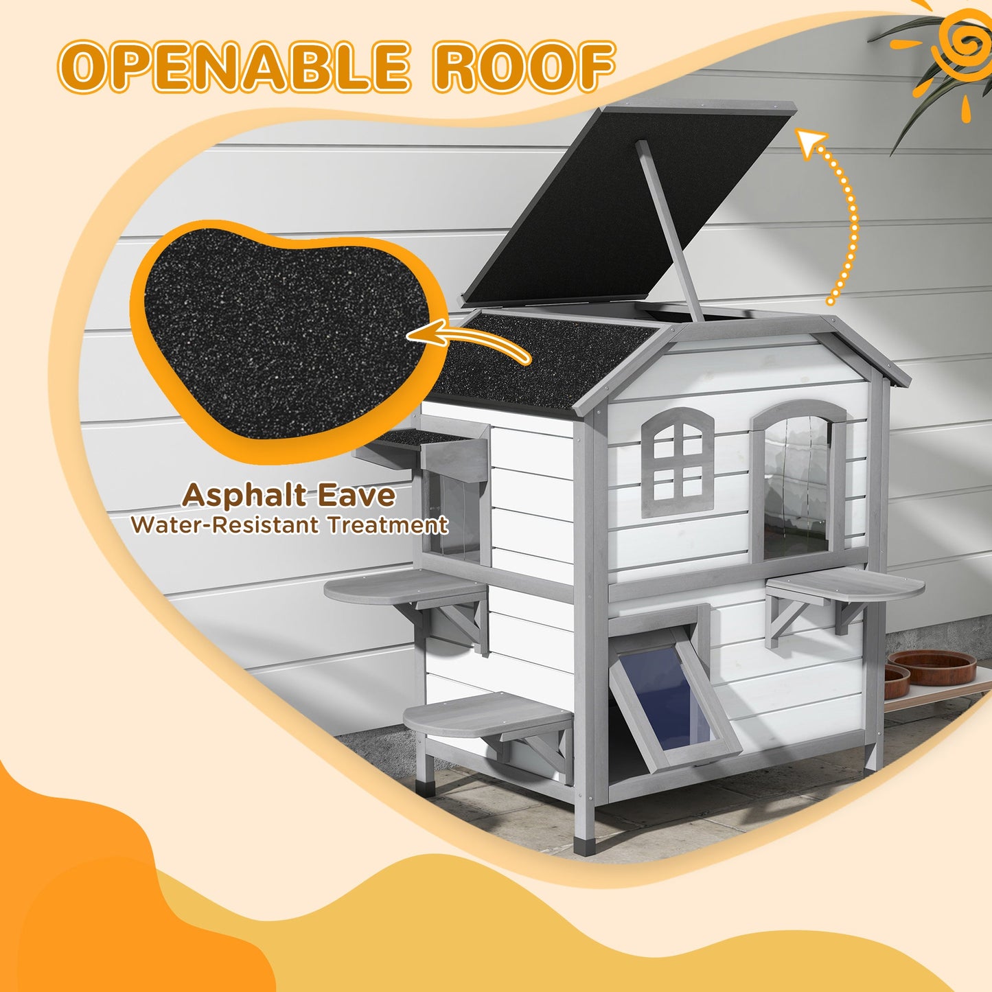2-story Cat House Outdoor, Weatherproof Wooden Cat Enclosure for Feral Cats with Escape Door, Openable Roof, Jumping Platforms, White