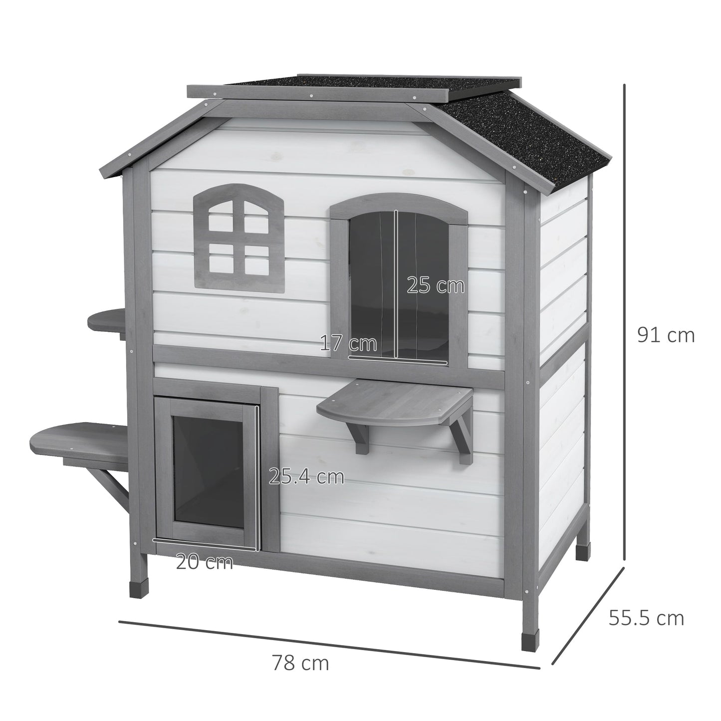 2-story Cat House Outdoor, Weatherproof Wooden Cat Enclosure for Feral Cats with Escape Door, Openable Roof, Jumping Platforms, White