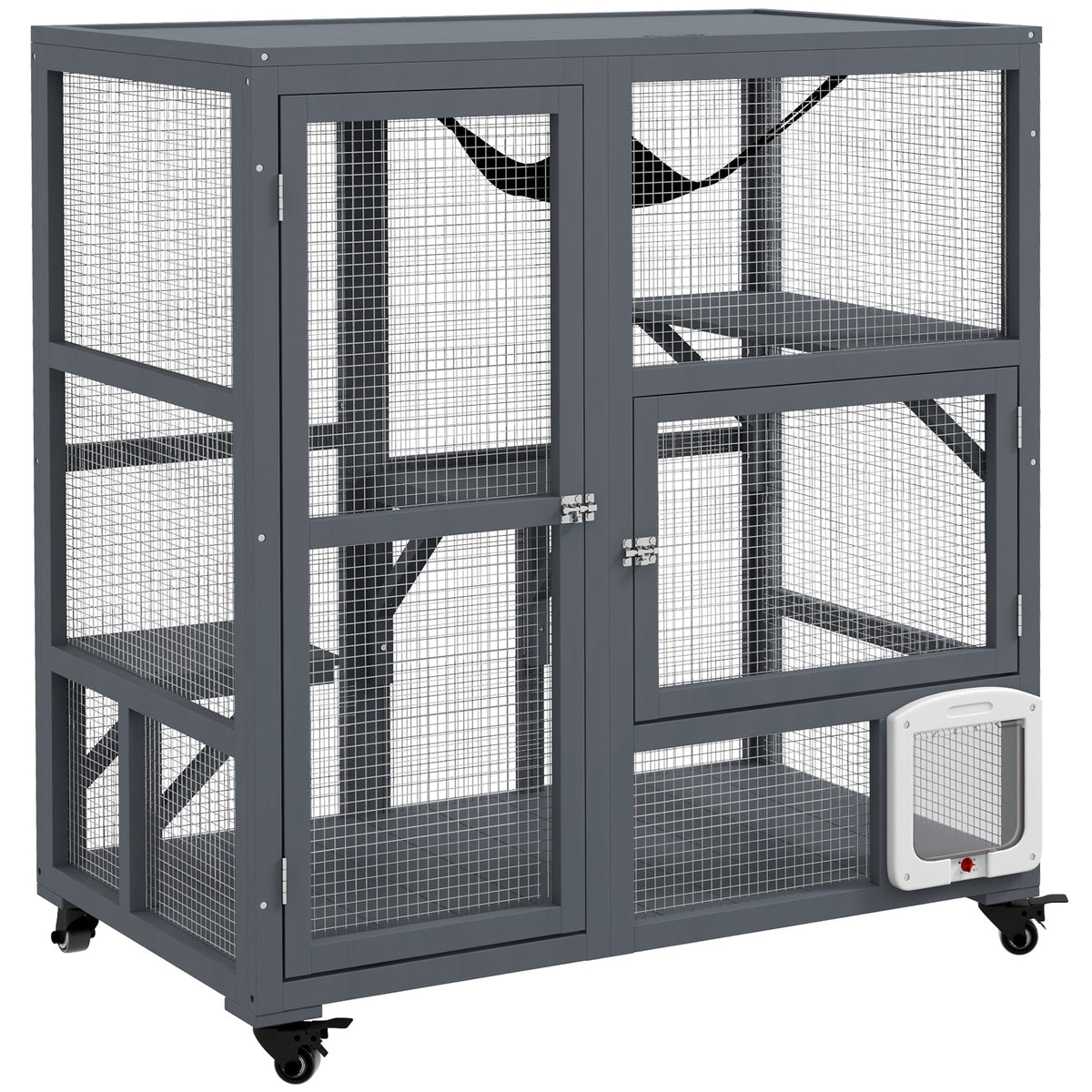 Cat Cage House, Catio Cat Indoor Enclosure on Wheels, Weather-Resistant Wooden Kitty Cage with Platforms, Hammock, Light Grey