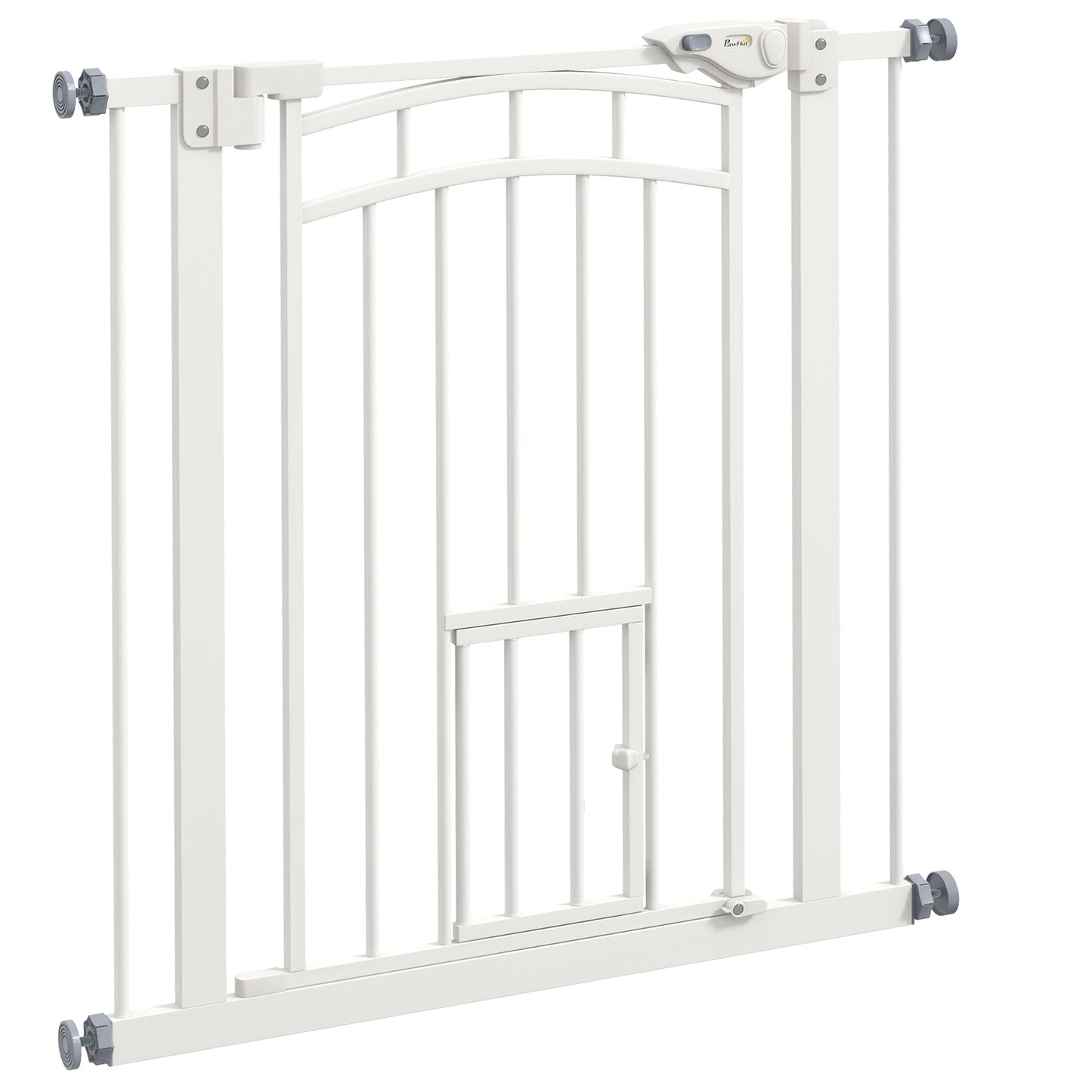 Stair Gate Dog Gate Pet Barrier Pressure Fit Safety Gate with Small Cat Door, Auto Closing System, Double Locking, Hallways, 74-80cm Openings - White