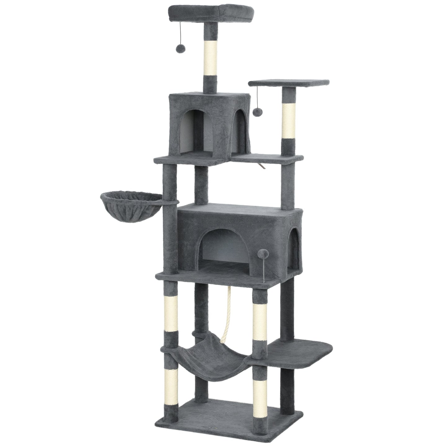 Cat Tree, 202cm Large Cat Tower for Indoor Kittens with 6 Scratching Posts, 2 Condos, 2 Perches, 2 Hammocks, Pompoms, Multi-Level Plush Kitty Activity Centre for Rest and Play, Dark Grey