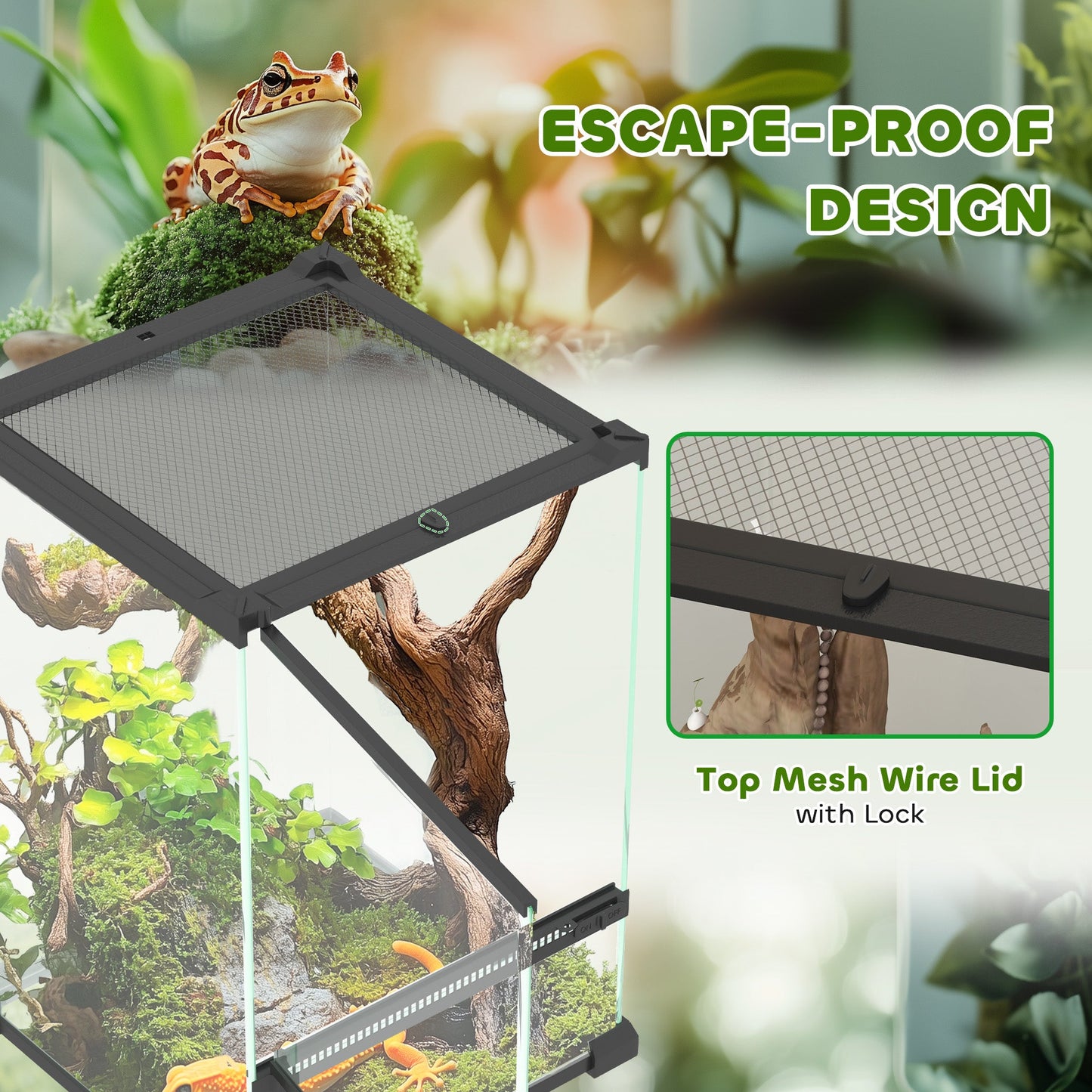 Glass Reptile Terrarium, 12L Vivarium for Lizards, Frogs, Snakes, Turtles, Tortoises, with Ventilation, 20 x 20 x 30cm