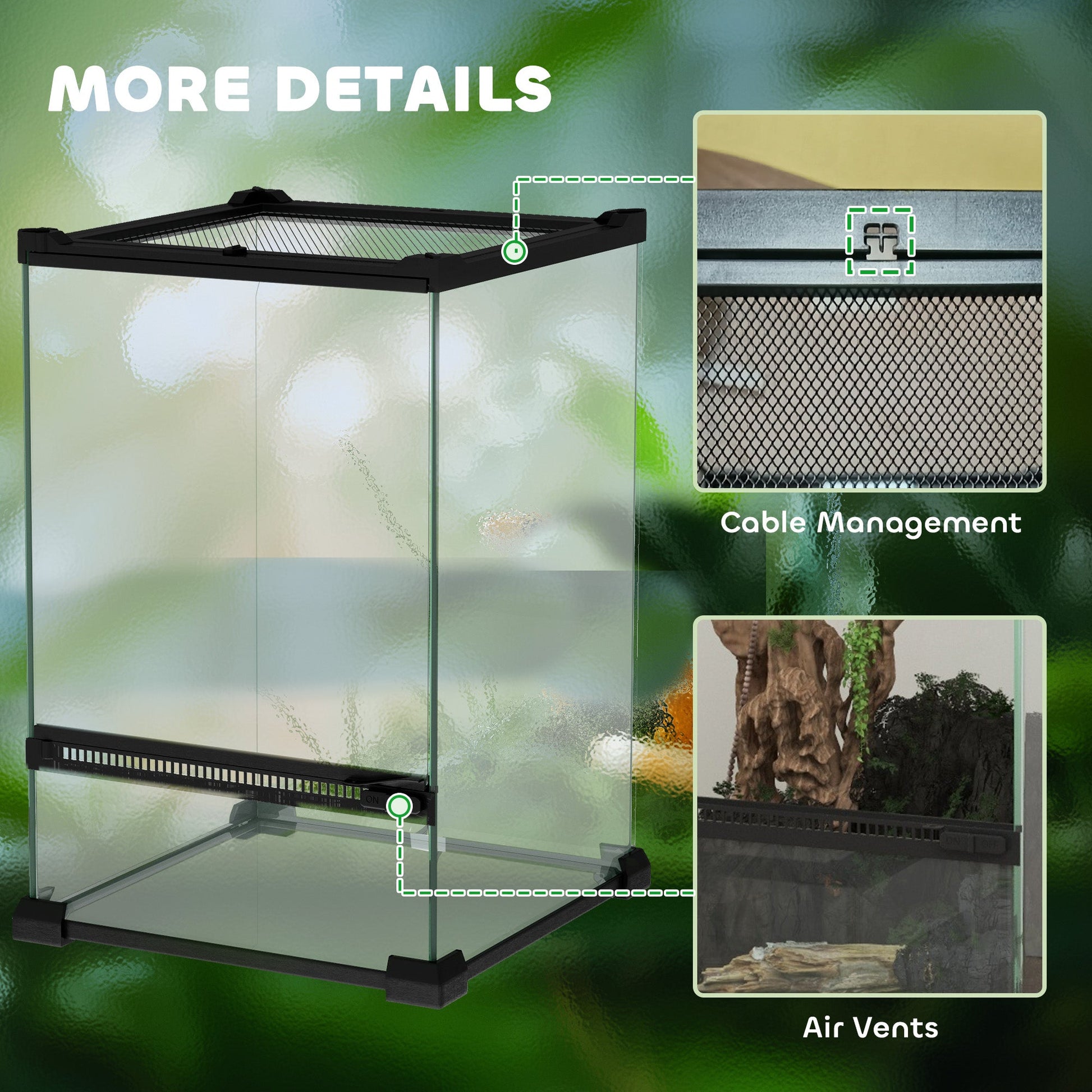 Glass Reptile Terrarium, 12L Vivarium for Lizards, Frogs, Snakes, Turtles, Tortoises, with Ventilation, 20 x 20 x 30cm