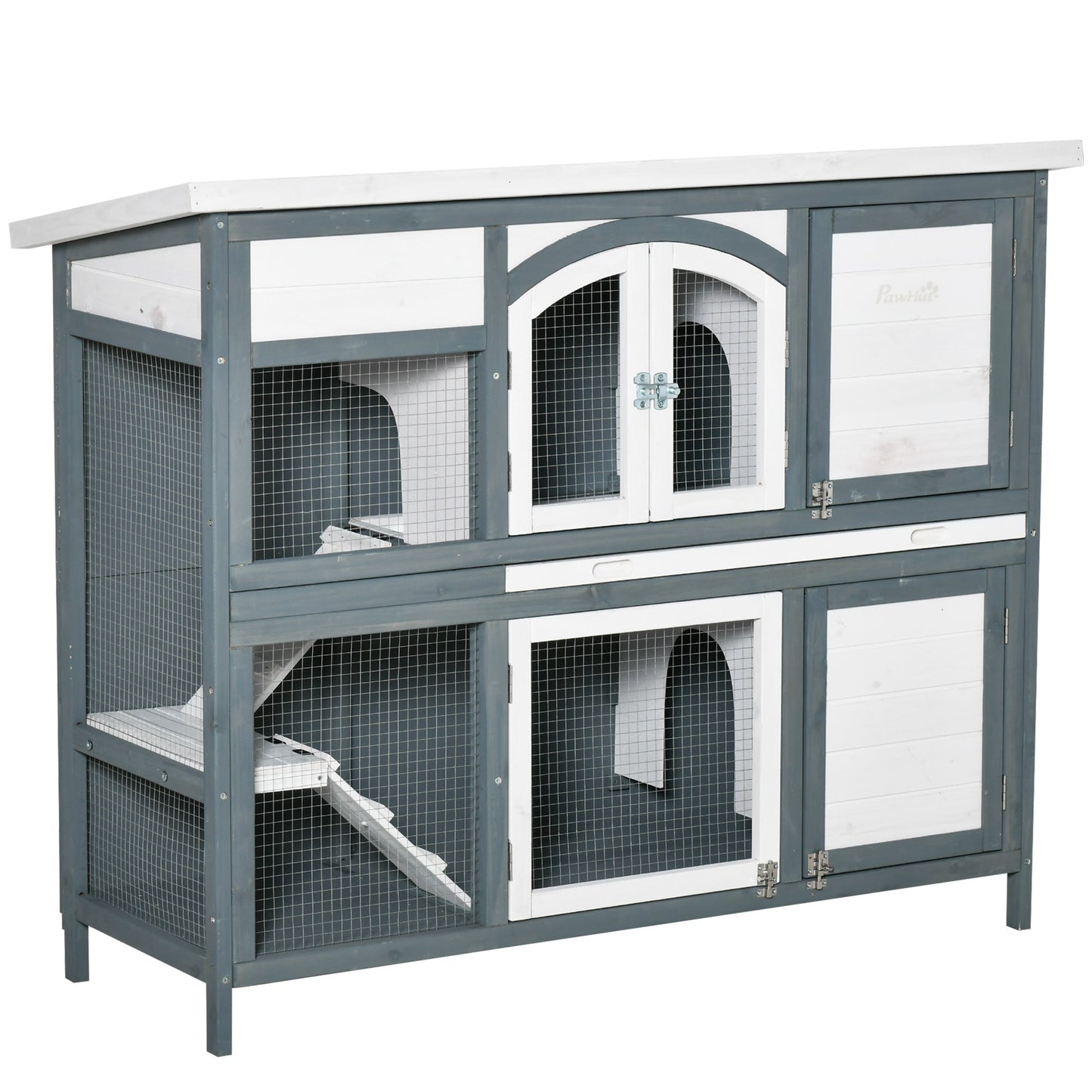 Rabbit Hutch Outdoor Guinea Pig Hutch 2 Tier Wooden Cage w/ Ramp, Divider, Openable Roof, 125 x 48 x 100cm - Grey