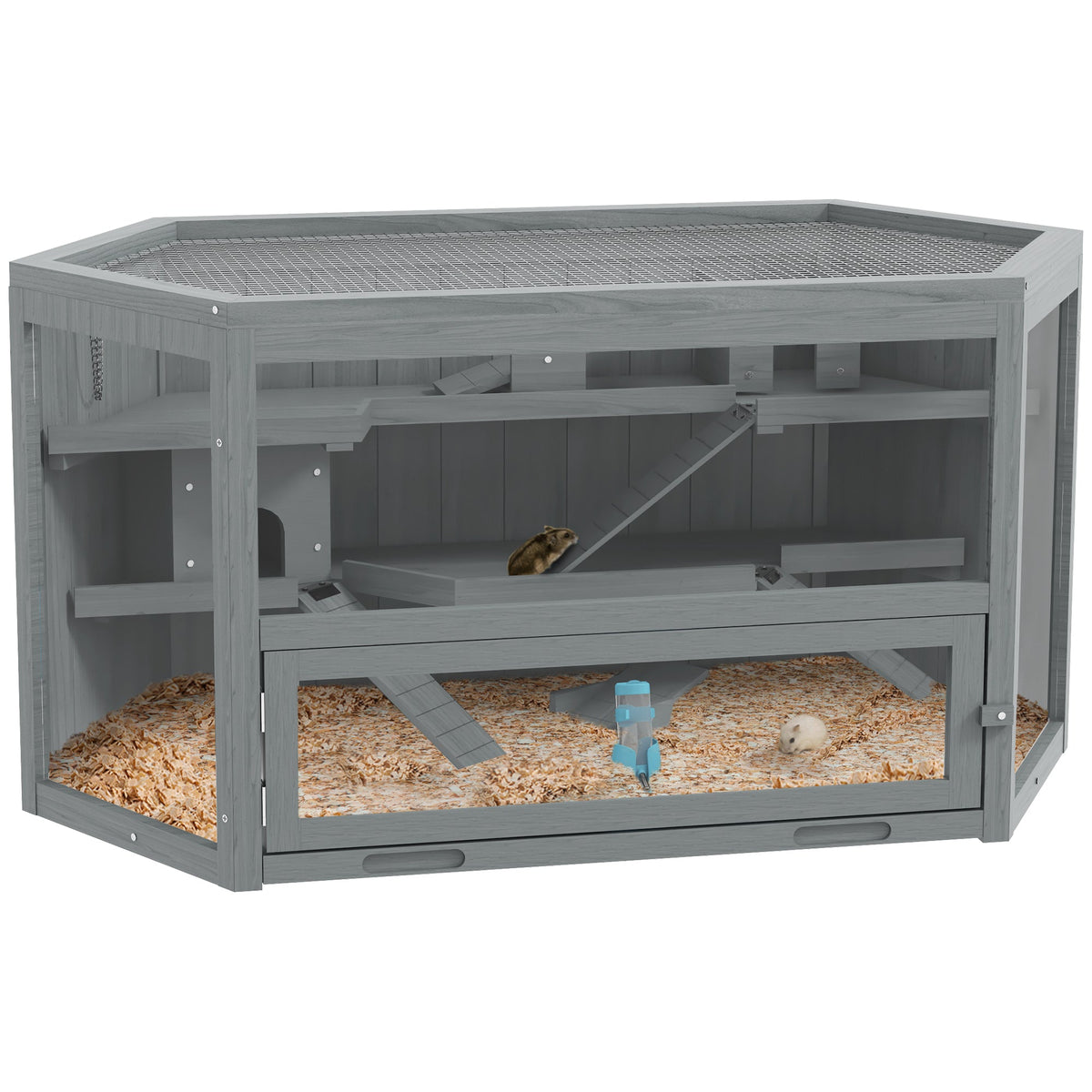 Wooden Large Hamster Cage Small Animal Exercise Play House 3 Tier with Sliding Tray, Seesaws, Water Bottle, Grey