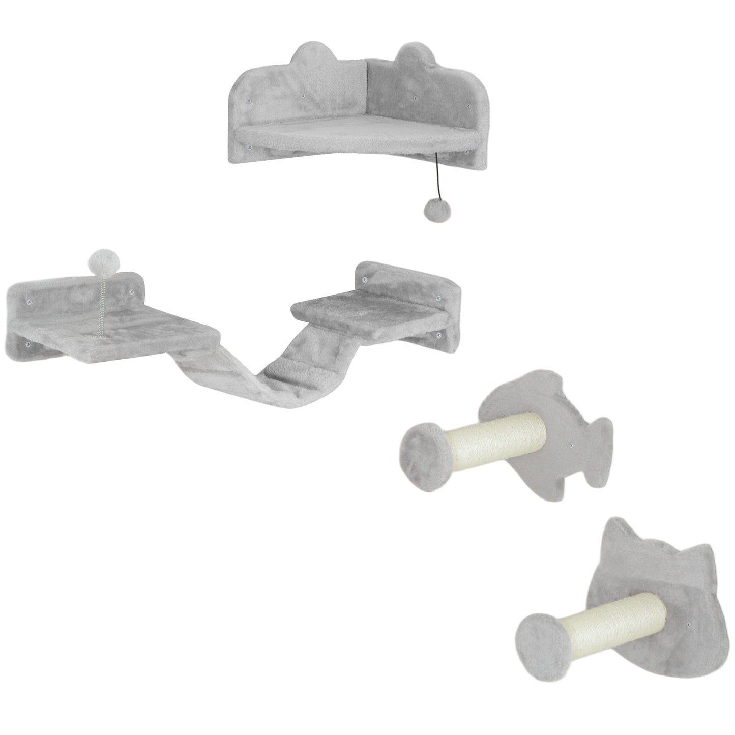Cat Wall Shelves, 4 Piece Wall-Mounted Cat Tree with Steps, Ladder, Jumping Platforms, Scratching Posts, Toy Ball, Cat Wall Furniture for Indoor Cats, Light Grey
