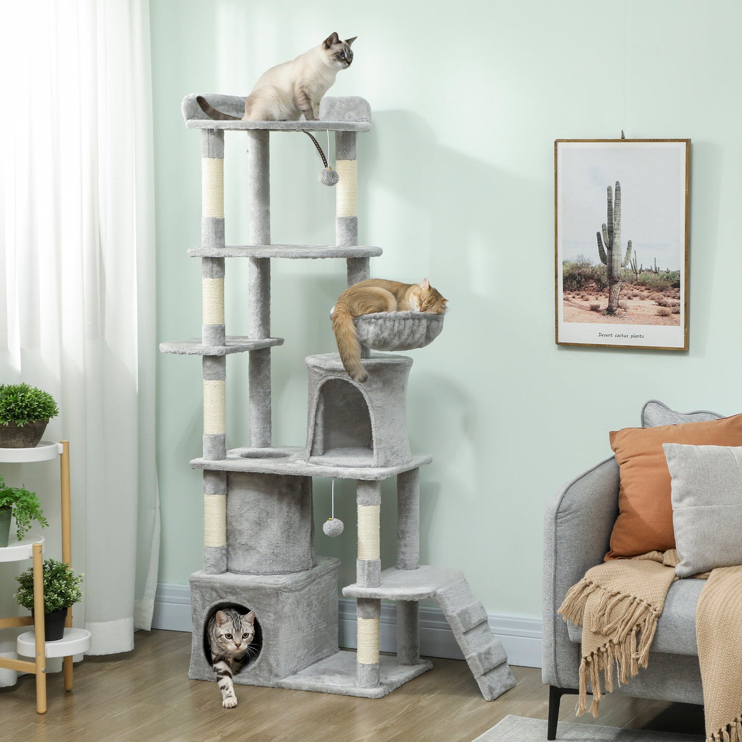 Cat Tree, 170 cm Large Cat Tower with 7 Scratching Posts, 1 Tunnel, 2 Condos, 1 Hammock, 1 Perch, 1 Ramp, 3 Platforms, 2 Pompoms, Multi-Level Kitty House for Indoor Kittens, Light Grey