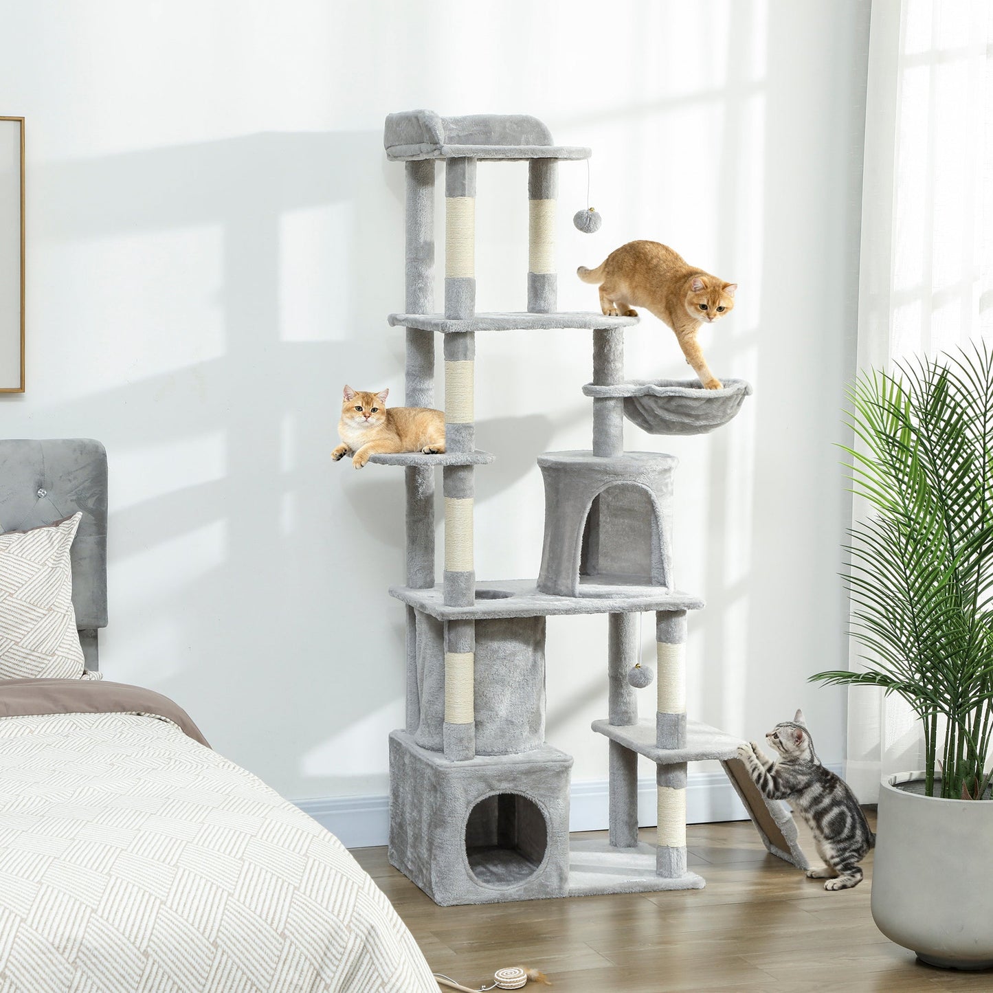 Cat Tree, 170 cm Large Cat Tower with 7 Scratching Posts, 1 Tunnel, 2 Condos, 1 Hammock, 1 Perch, 1 Ramp, 3 Platforms, 2 Pompoms, Multi-Level Kitty House for Indoor Kittens, Light Grey