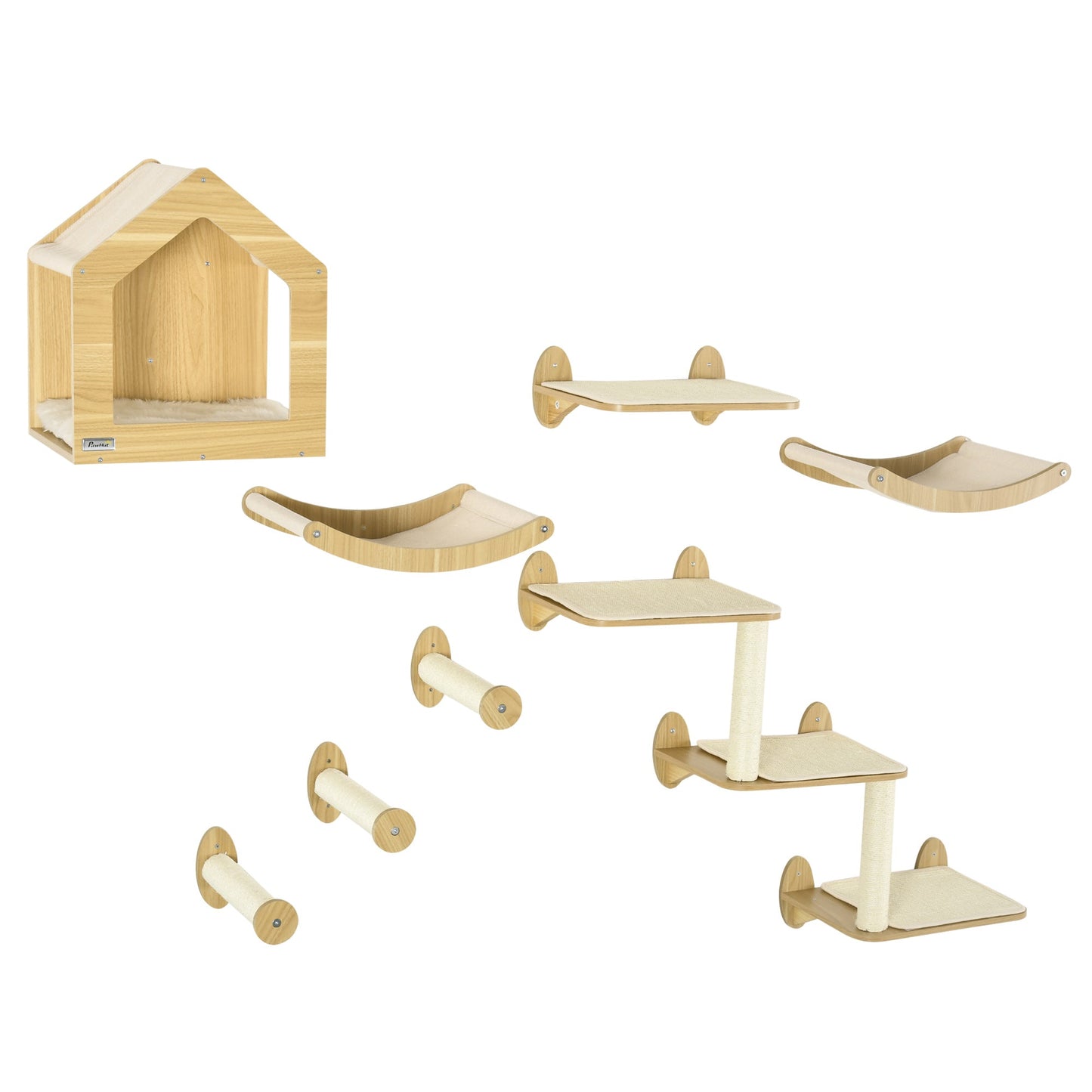 8 Piece Cat Shelves Set, Cat Wall Furniture with Condo, 3 Perches, 3 Scratching Posts, Steps, Wall Mounted Kitty Tree for Indoor Kittens, Beige