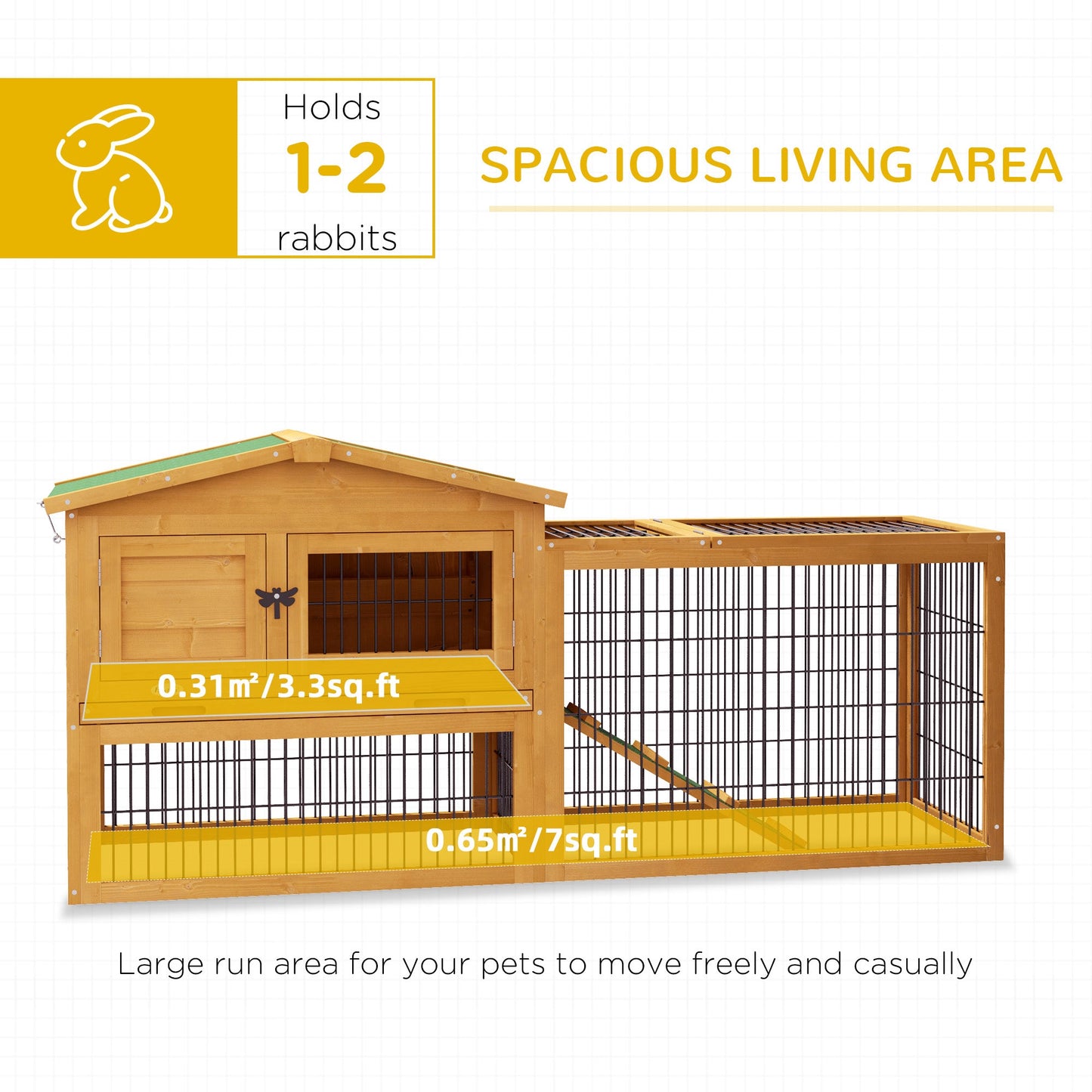 Rabbit Hutch Outdoor, Wooden Guinea Pig Hutch with Run, Openable Roof, Pull-Out Tray, Ramp for 1-2 Rabbits, 150 x 52.5 x 68 cm, Yellow