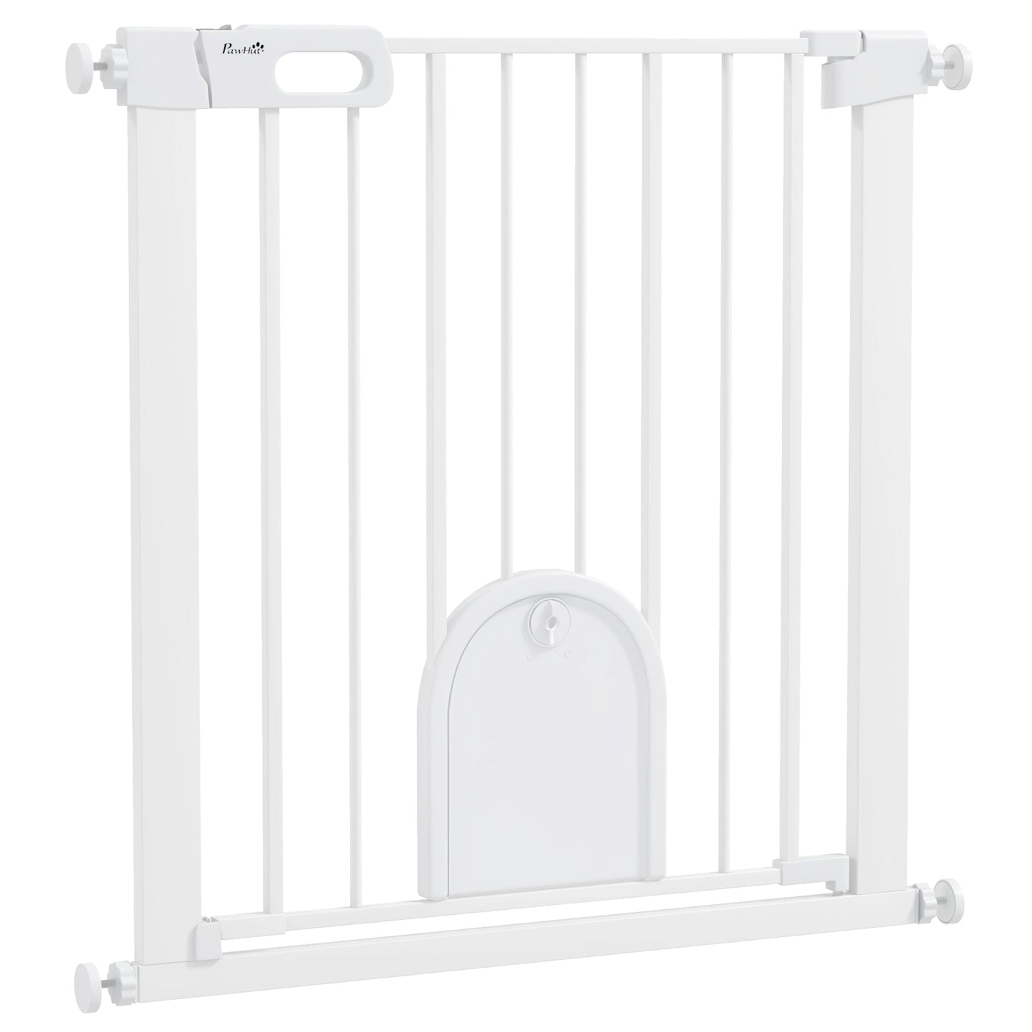 Dog Gate with Cat Flap Pet Safety Gate Barrier, Stair Pressure Fit, Auto Close, Double Locking, for Doorways, Hallways, 75-82 cm White