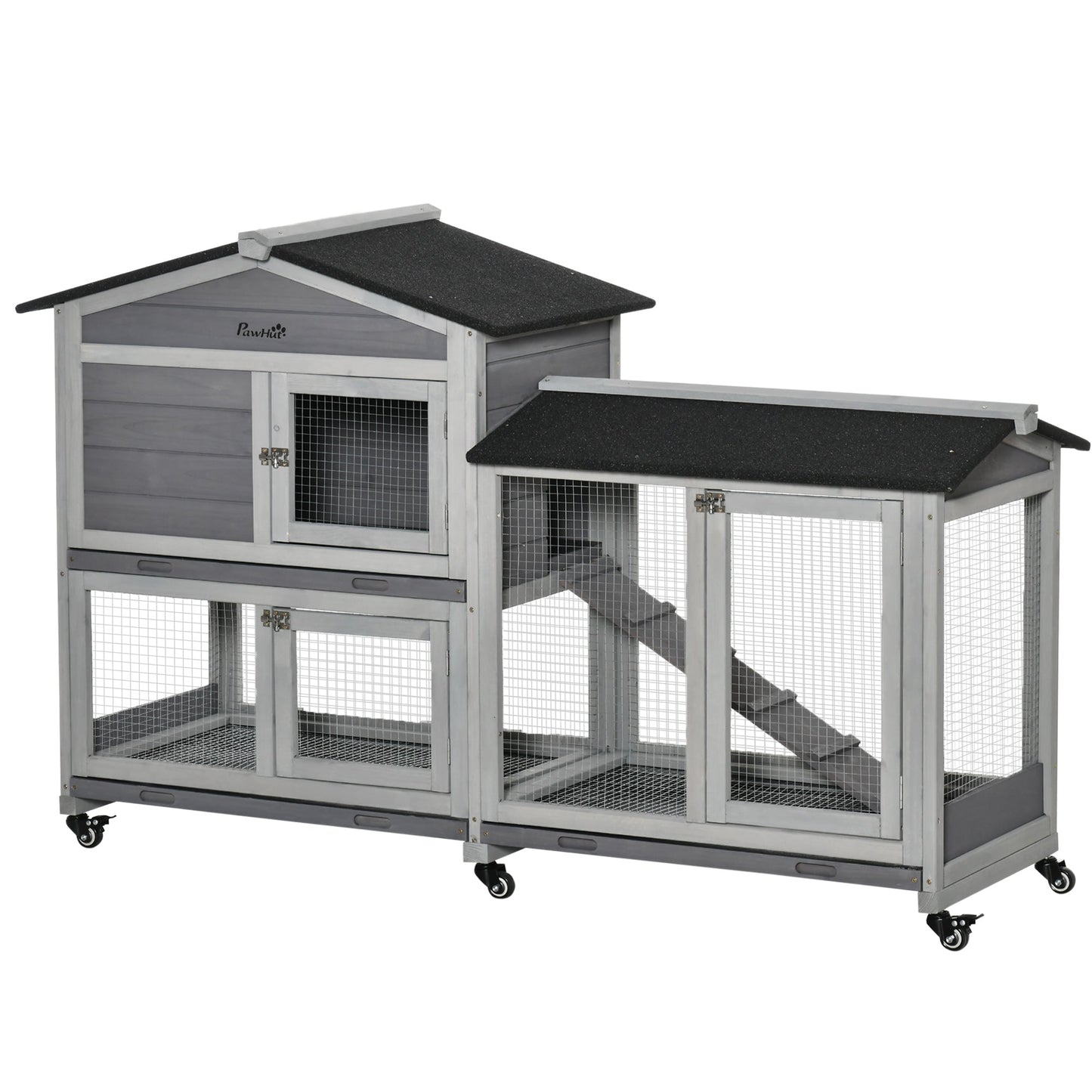 Rabbit Hutch Outdoor with Run Guinea Pig Hutch 2-Tier Bunny Cage w/ Wheels No-Leak Plastic Tray 157.4 x 53 x 99.5 cm - Grey
