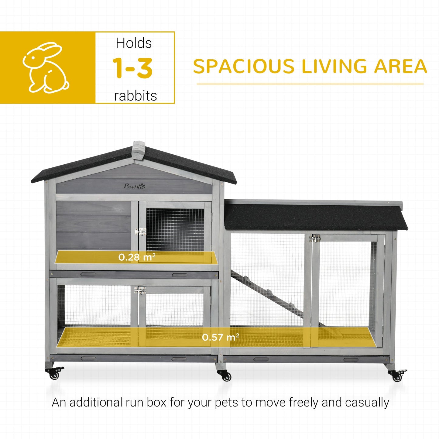 Rabbit Hutch Outdoor with Run Guinea Pig Hutch 2-Tier Bunny Cage w/ Wheels No-Leak Plastic Tray 157.4 x 53 x 99.5 cm - Grey