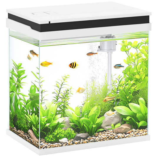 Fish Tank, 14L Glass Aquarium with Filter System, LED Lights, Water Pump, Betta Fish Tank for Goldfish, Shrimps, White