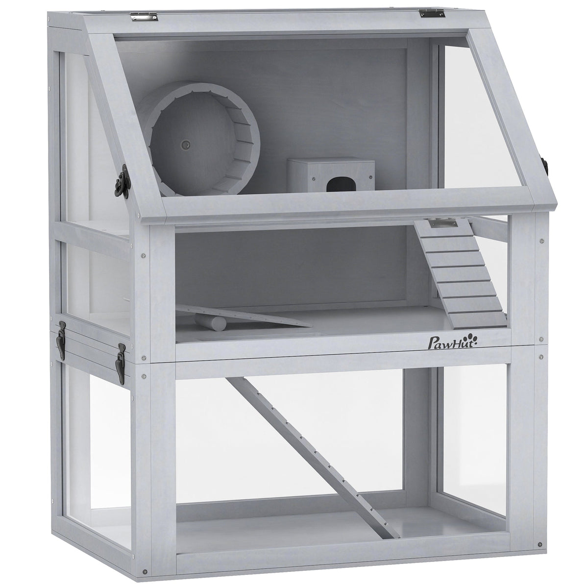 Wooden Hamster Cage, 3 Tier Gerbil Cage with Detachable 32cm Deep Bottom, Hut, Seesaw, Exercise Wheel, Ramps, Light Grey