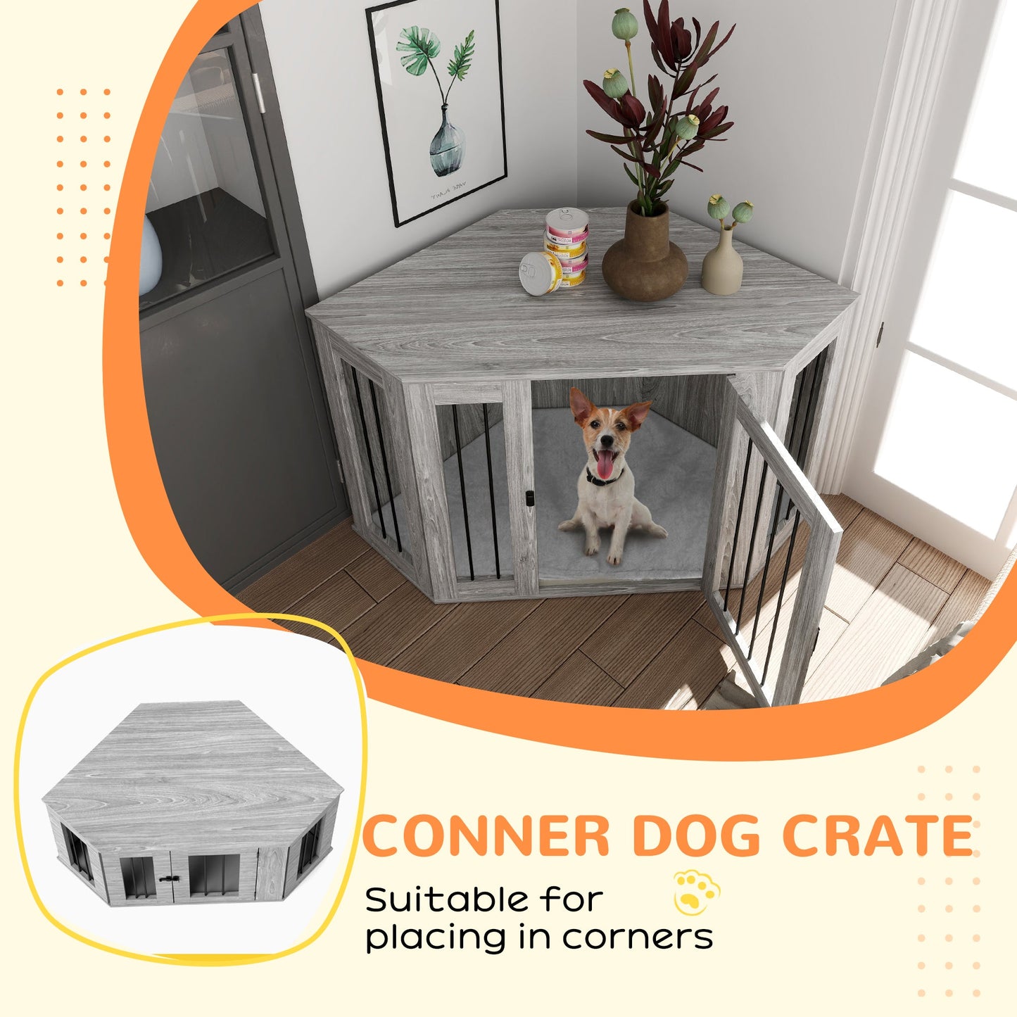 2 in 1 Dog Crate Furniture, Side Table Dog Kennel with Cushion, Large Door, for Large Dogs - Grey