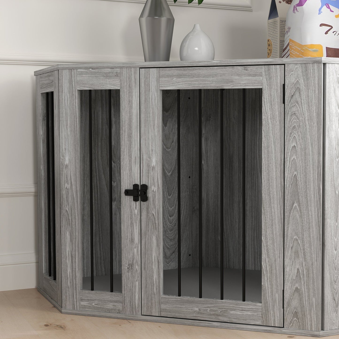 2 in 1 Dog Crate Furniture, Side Table Dog Kennel with Cushion, Large Door, for Large Dogs - Grey