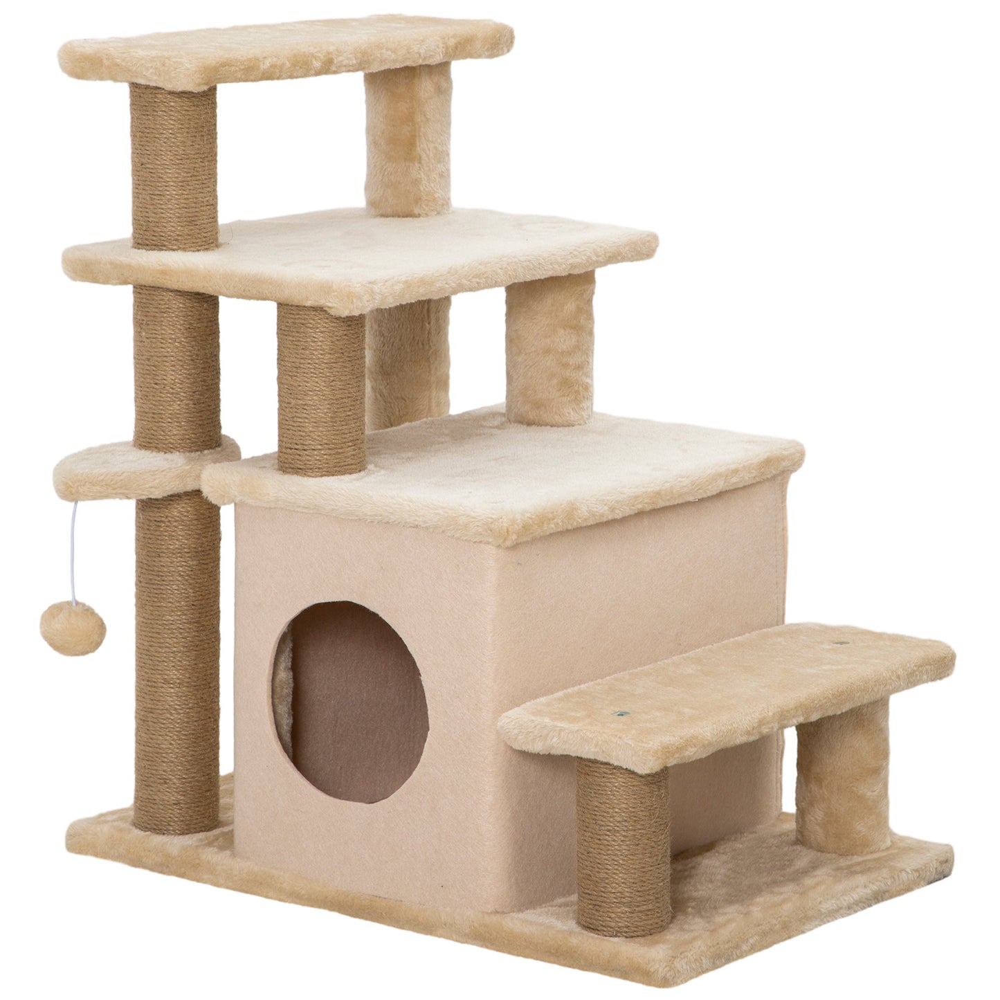 Dog Steps for Bed, 4 Step Pet Stairs with Cat House, Detachable Cover, Jute Scratching Post, Cat Climb ladder for Sofa w/ Hanging Balls - Beige