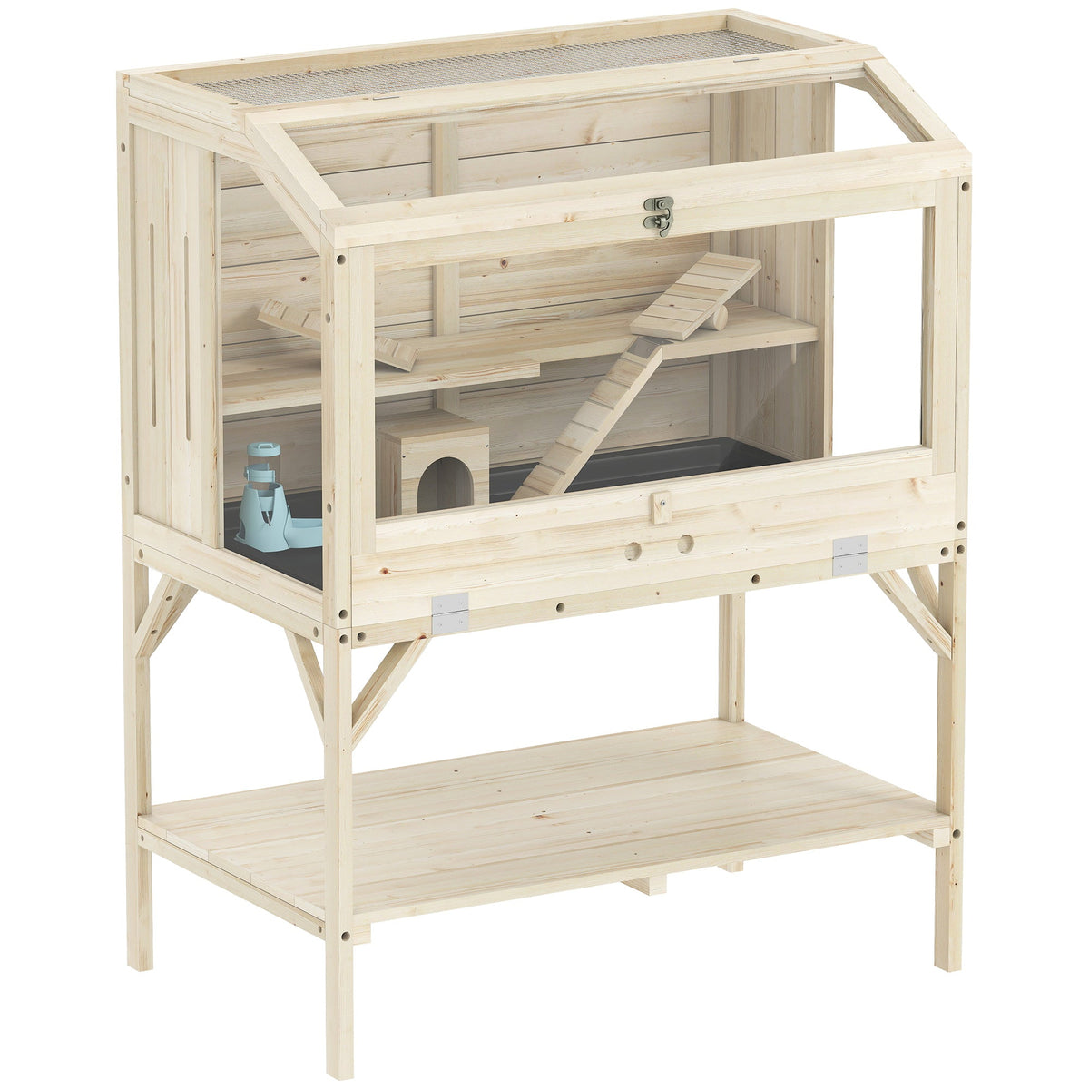 Wooden Hamster Cage, 2 Tier Transparent Gerbil Cage with Storage Shelf, Openable Top, Tray, Seesaws, Ramp, Water Bottle, Small Animal Habitat for Syrian, Gerbils, Rats, Rodent, 84 x 53 x 110 cm