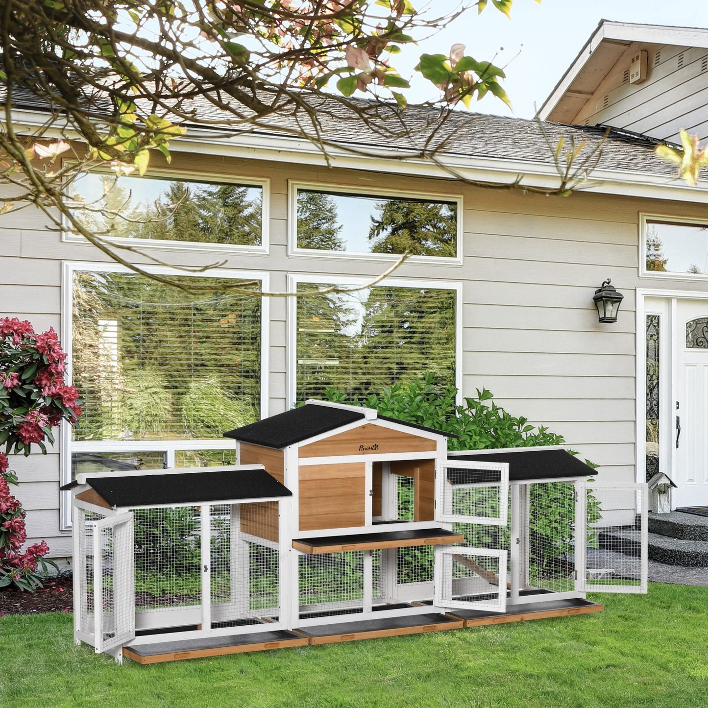 Large Rabbit Hutch Outdoor, 2-Tier Guinea Pig Hutch, Wooden Bunny Run, Small Animal House with Double Side Run Boxes, No-leak Plastic Tray, Ramp, 230 x 53 x 93.5cm, White