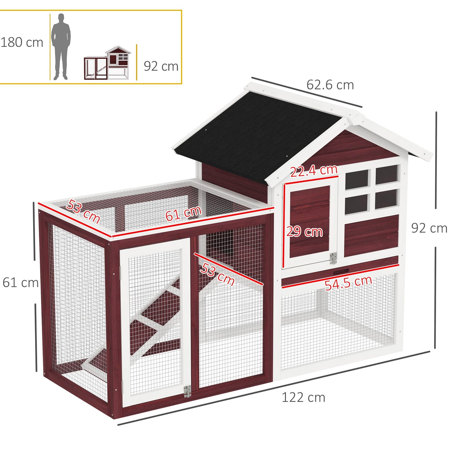 Rabbit Hutch Outdoor Wooden Guinea Pig Hutch Rabbit Run Bunny Cage Small Animal House Pull-Out Tray, Brown, 122 x 62.6 x 92 cm
