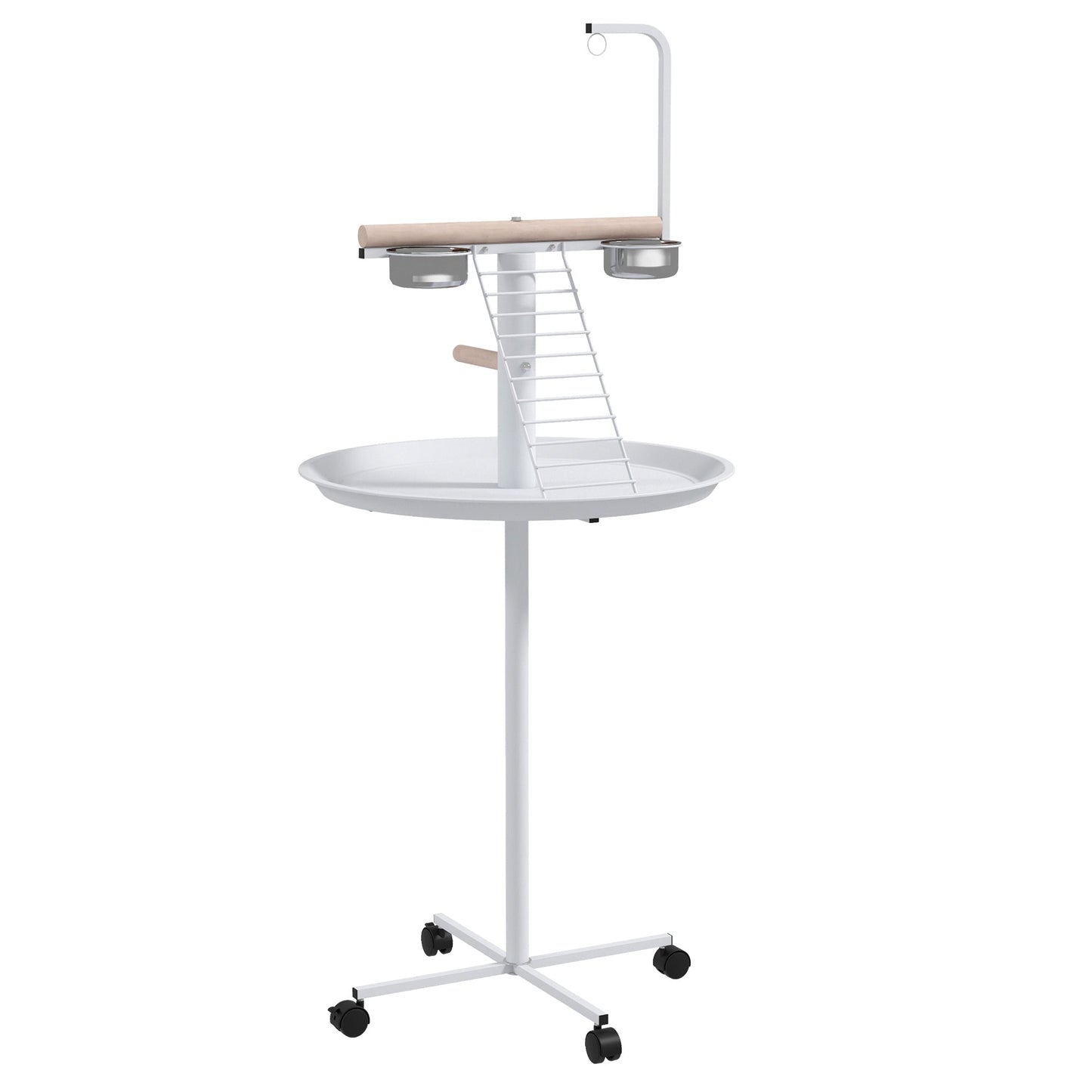 Bird Table, Bird Feeding Station with Wheels, Perches, Stainless Steel Feed Bowls, Round Tray for Indoor - White