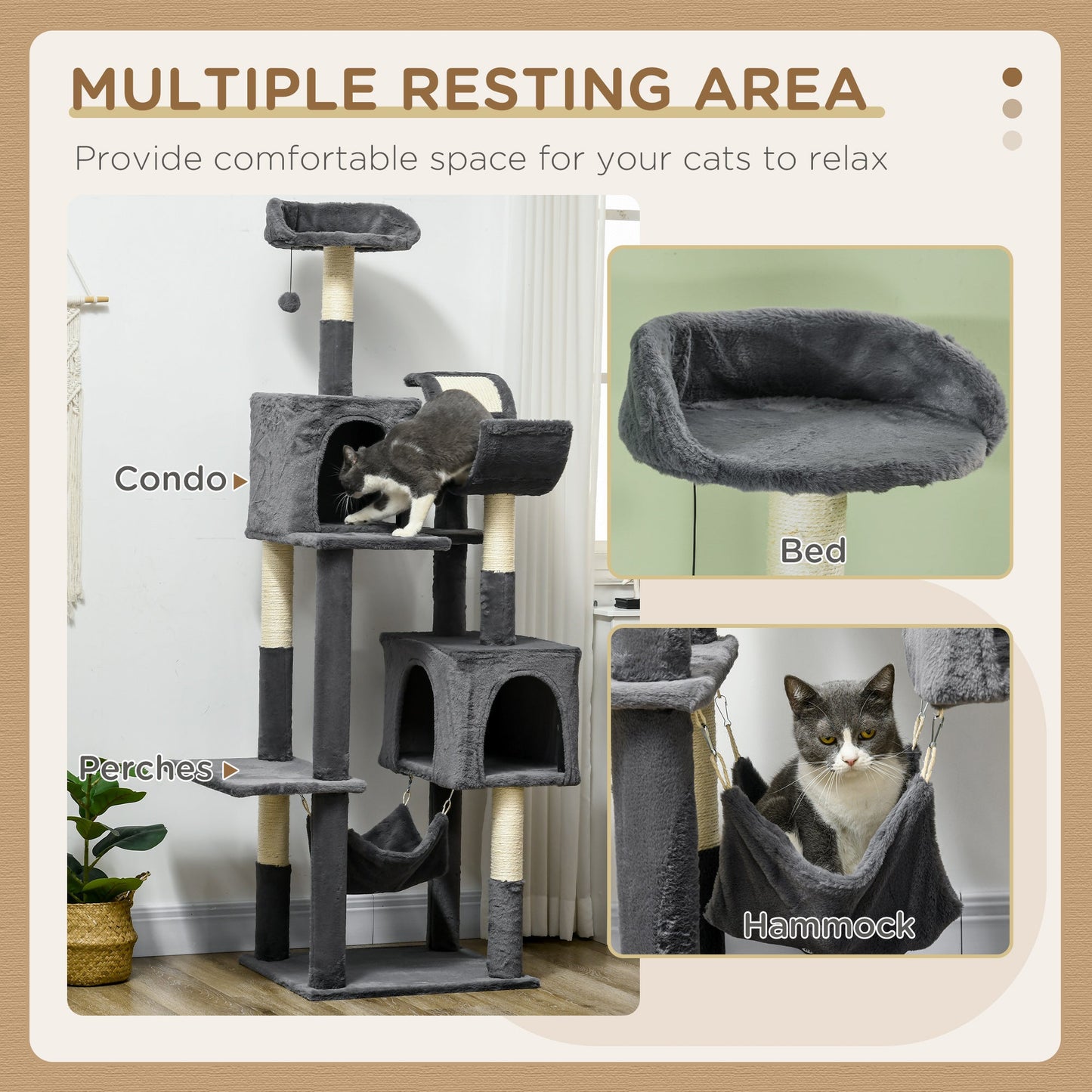 177cm Cat Tree for Indoor Cats, Mult-level Kitten Climbing Tower, with Scratching Posts, Two Cat Houses, Perches, Toy Ball - Dark Grey