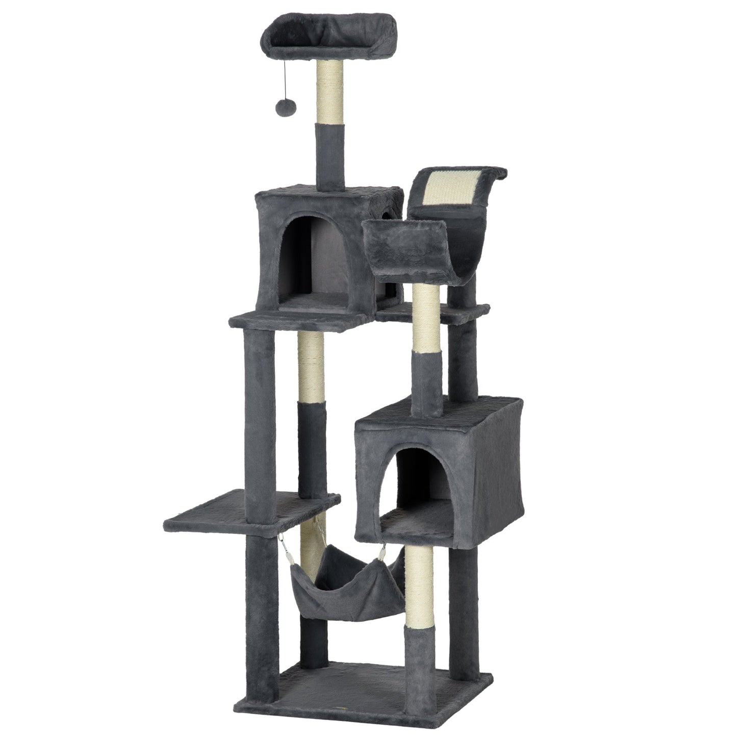 177cm Cat Tree for Indoor Cats, Mult-level Kitten Climbing Tower, with Scratching Posts, Two Cat Houses, Perches, Toy Ball - Dark Grey