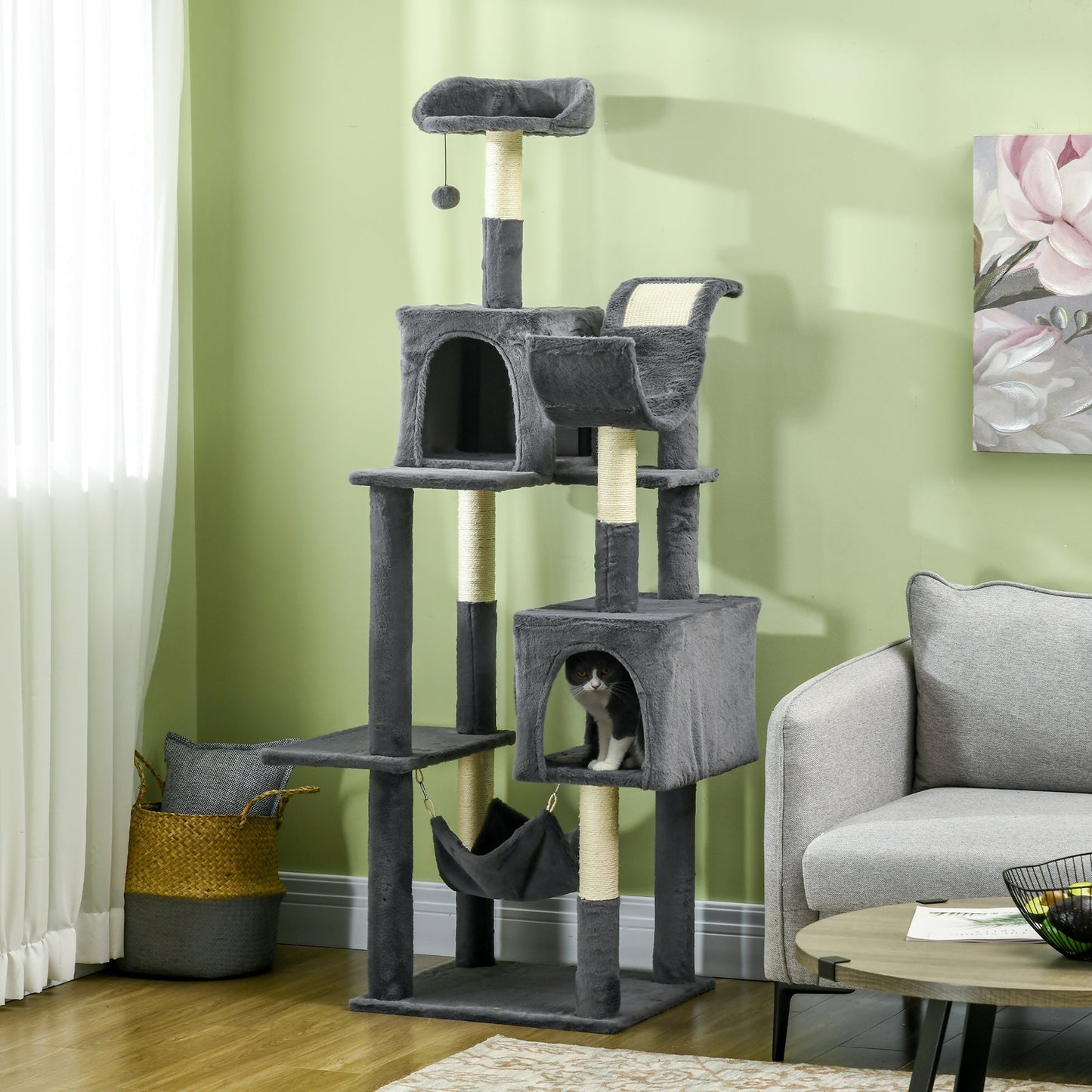 177cm Cat Tree for Indoor Cats, Mult-level Kitten Climbing Tower, with Scratching Posts, Two Cat Houses, Perches, Toy Ball - Dark Grey