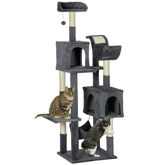 177cm Cat Tree for Indoor Cats, Mult-level Kitten Climbing Tower, with Scratching Posts, Two Cat Houses, Perches, Toy Ball - Dark Grey