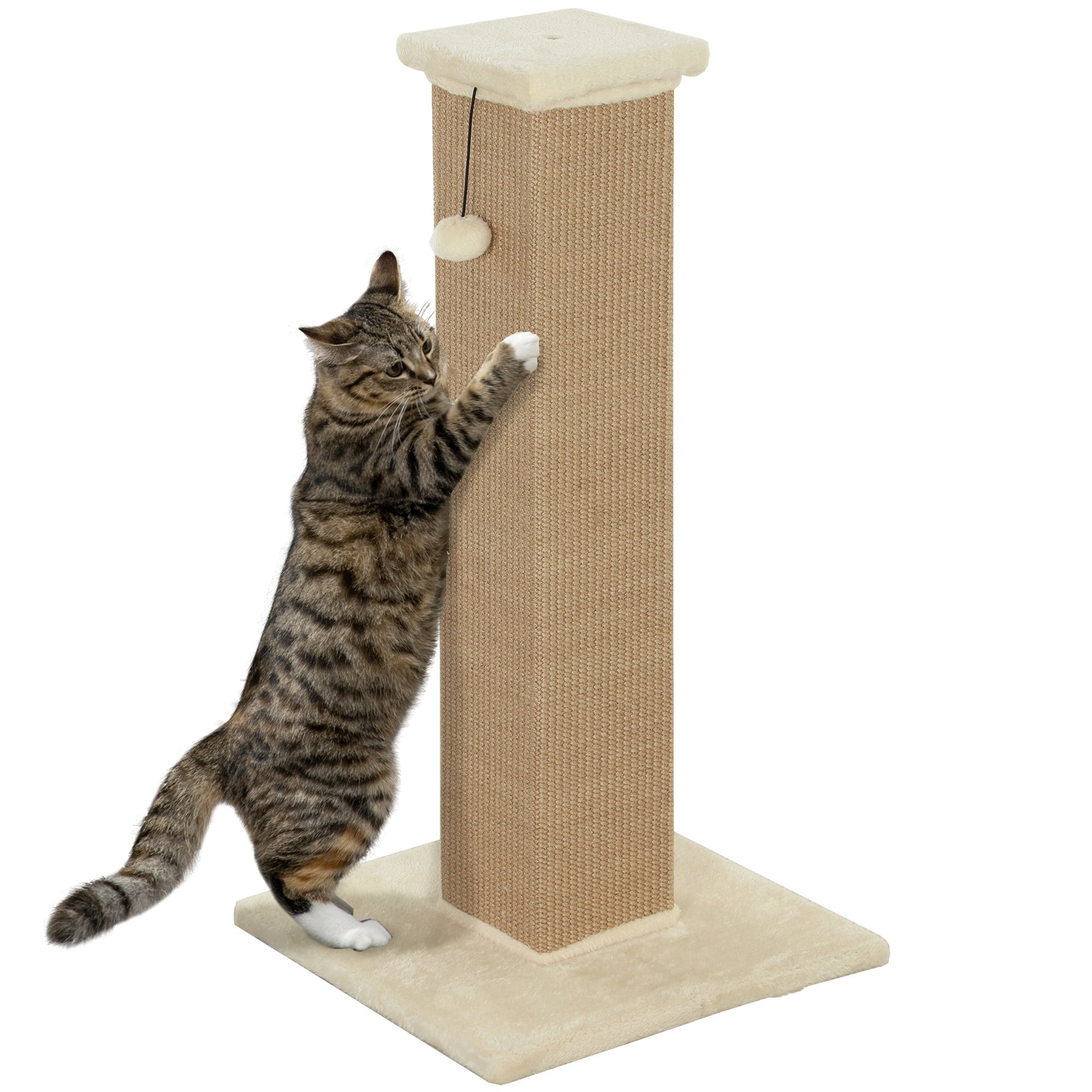 Cat Scratching Post for Indoor Cats, 81cm Cat Scratcher, Vertical Full Scratcher with Natural Jute Rope, Hanging Ball and Soft Plush, Beige