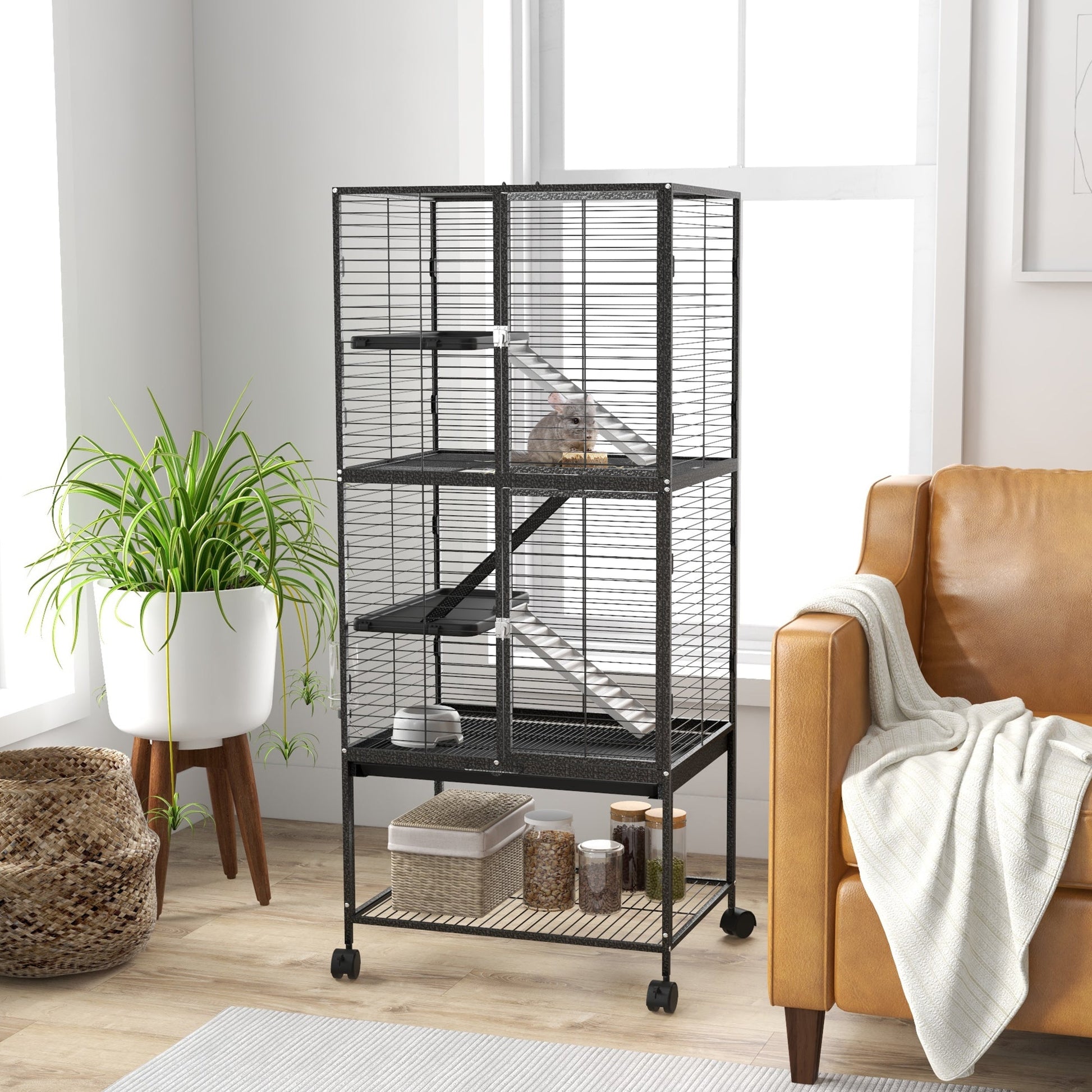 Ferret Cage Rolling Small Animal Cage 4 Levels Pet Cage 136cm Height for Chinchillas, Squirrels with 3 Doors, Storage Shelf, Tray, Bowl, Water Bottle, Ramps - Charcoal Grey